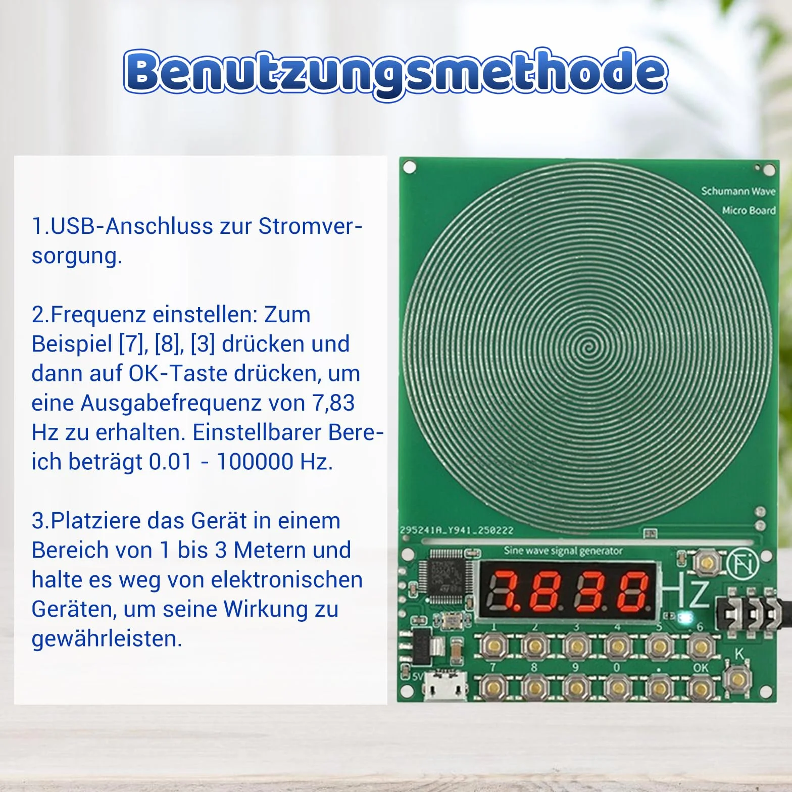 Schumann Frequenz Generator 7.83Hz einstellbar 0.1Hz bis 100000 Hz mit Display, USB-Anschluss Schumann-Resonanz Generator Naturresonanz für Raumharmonie Tragbar für Zuhause Büro Geschenk