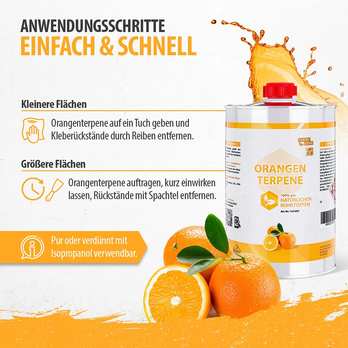Orangenterpene (100%), 1 L | Klebereste Entferner, Etikettenlöser, Orangenreiniger Konzentrat, Terpentinersatz