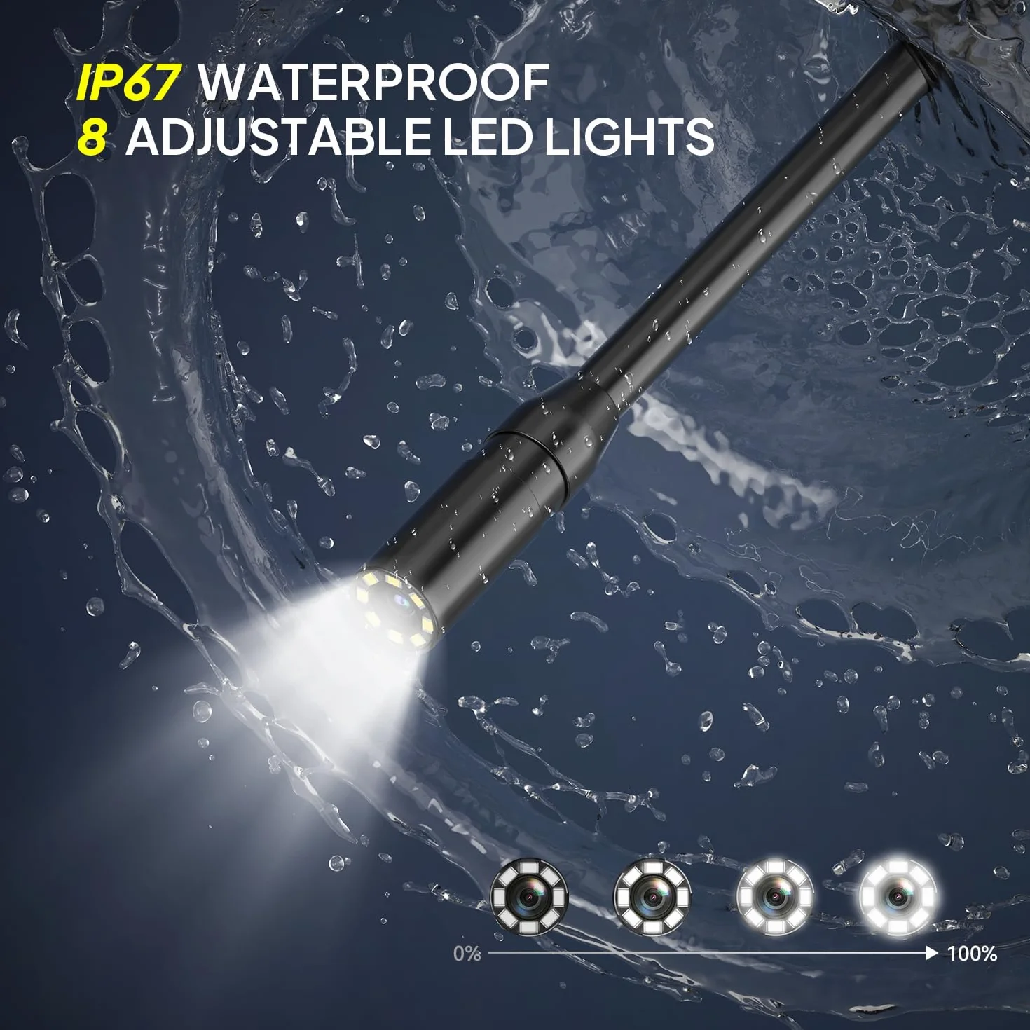 Endoskopkamera mit Licht, QIMIC Endoskop 1080P HD Rohrkamera Kanalkamera mit 8 LEDs, 2.4" IPS IP67 Bildschirm Inspektionskamera Livebild mit 2X Zoom Halbstarres Kabel 16.4FT, 2000mAh Akku