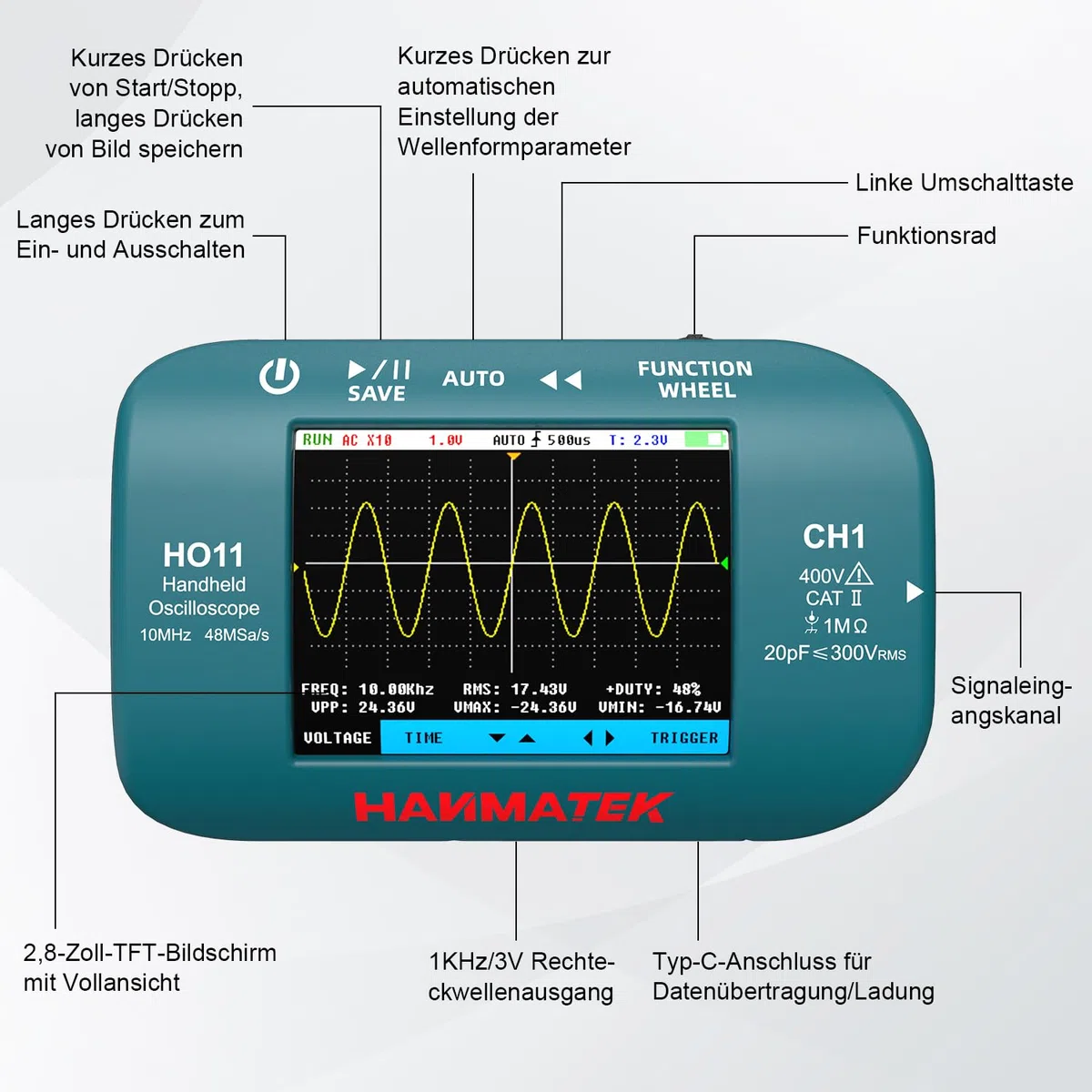 HANMATEK HO11 Handheld Digital Oszilloskop - 10MHz Bandbreite, 48MSa/s Hochpräzisionsabtastung, 2.8“ TFT Display, USB aufladbar, fortschrittliches Triggersystem, tragbar für Feldarbeit