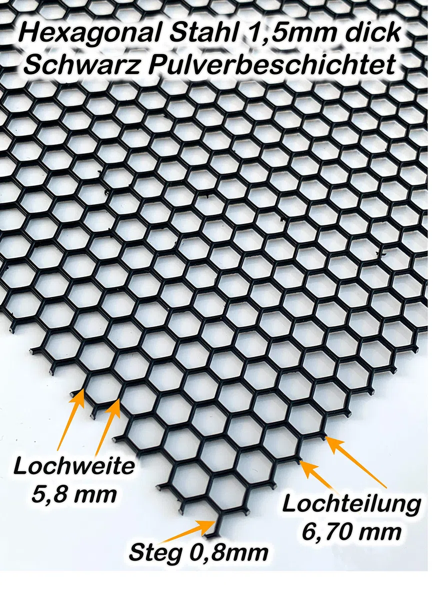 Lochblech Schwarz RAL 9005 Stahl Verzinkt Pulverbeschichtet HV 6-6,8 Hexagonal 1,5mm dick magnetisch Neu (1000 mm x 100 mm)