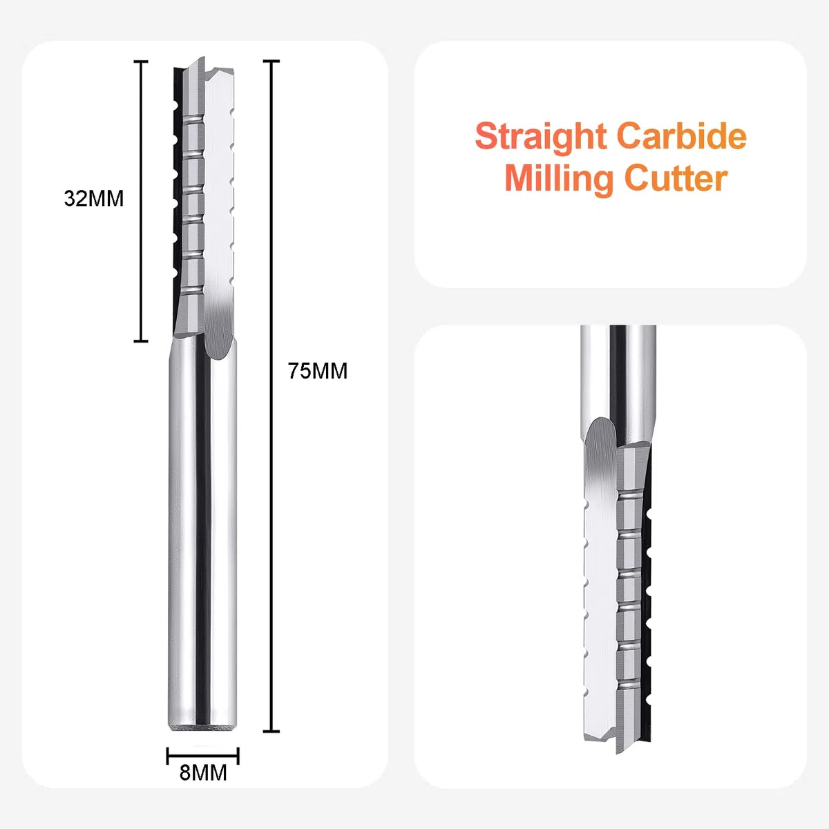 SpeTool 8 mm Schaftdurchmesser Gerader Hartmetall-Fräser mit Wolframkarbidspitze 32 mm Schnittlänge 3 Flöten Schnitzen CNC-Trimmschlitz, Spanbrecher, Sperrholz-Schaftfräser für die Holzbearbeitung