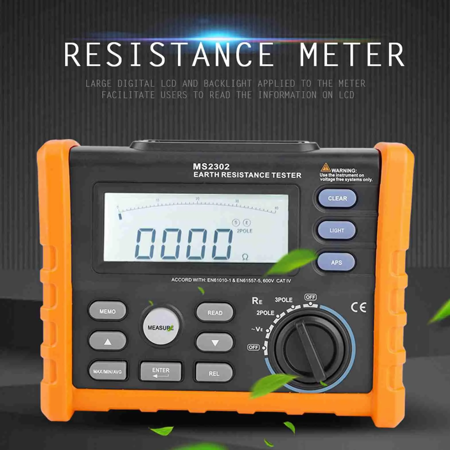 PEAKMETER MS2302 Digitales Widerstandsmessgerät Megohmmeter mit LCD-Hintergrundbeleuchtung 0~4K Ohm 100 Groups Data Logging