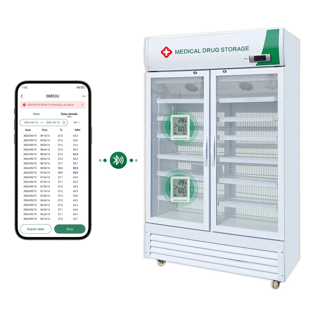 Freshliance Bluetooth Temperatur- und Luftfeuchtigkeits-Datenlogger, Kühlschrank Gefrierschrank Thermometer Hygrometer, Digitaler Fern-Temperatur- und Feuchtigkeitsmonitor mit Smart-App-Datenanalyse