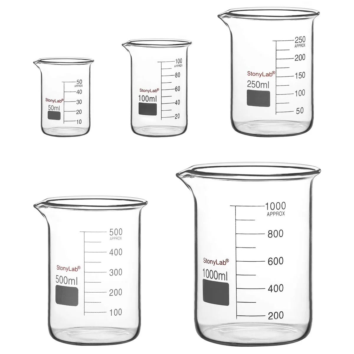 stonylab Labor Becherglas Set, Borosilikatglas Griffinbecher mit Graduierung in Niedriger Form in 5 Größen, 50ml/100ml/250ml/500ml/1000ml (1L), Kombipackung
