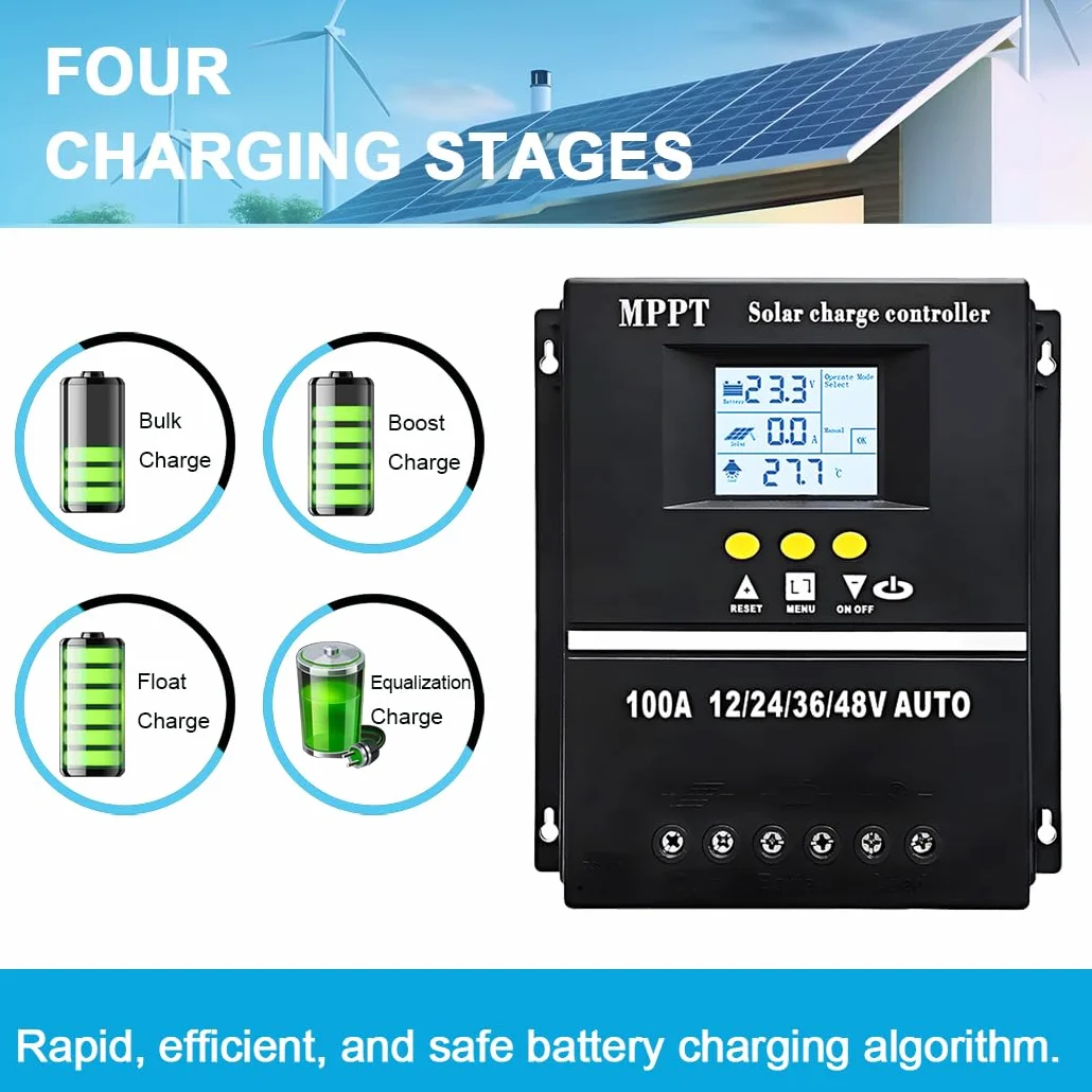 100A MPPT Solar Laderegler 12V 24V 36V 48V LCD Display Bildschirm Batterie intelligenter Regler mit maximalem 100V Eingang Dual USB für Blei-Säure/Lithium Batterien