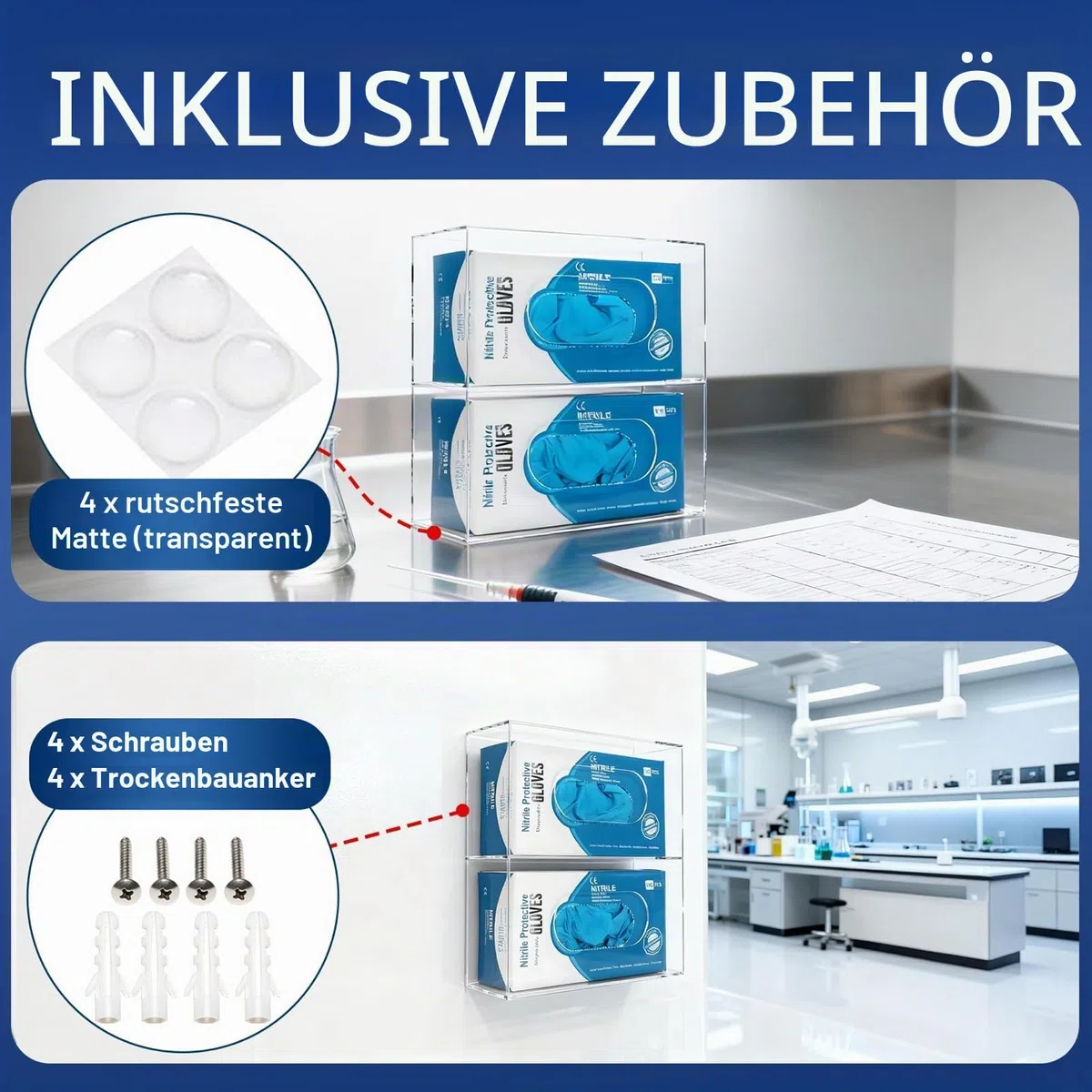 Handschuhalter [WANDHALTERUNG], Handschuhspender aus Acryl für 2 Boxen, Handschuhalterung für Latex & Nitril & Vinyl Einmalhandschuhe, Handschuh Wandhalter (25,5x9x27cm)