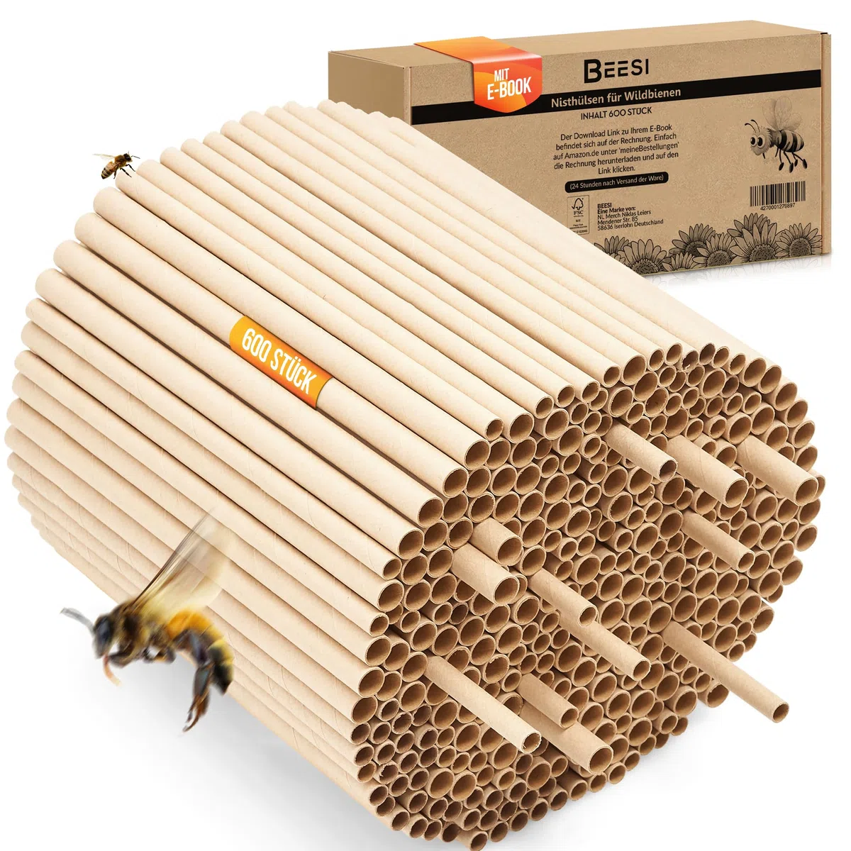 Nisthülsen für Insektenhotel 15 cm lang Durchmesser 6 UND 8 mm gemischt inkl. E-Book Niströhren u. Pappröhrchen für Wildbienen (Pappröhrchen, 600)