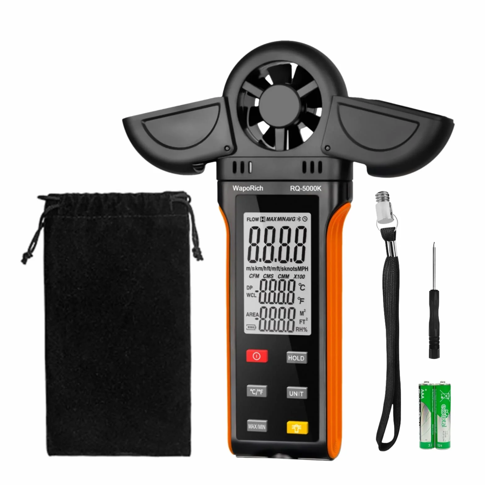 Windmesser Windmessgerät, WapoRich Digital Anemometer Handheld Wind Speed Meter Gauge Misst Luftfeuchtigkeit/Temperatur/Windgeschwindigkeit mit MAX/MIN/AVG für HVAC, Segeln, Surfen, Drohne RQ-5000K