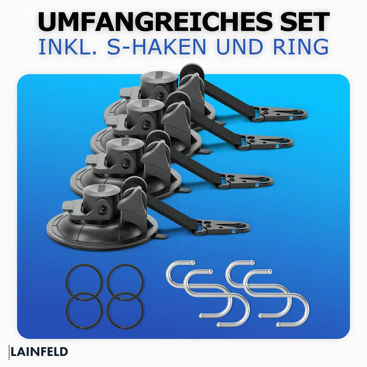 LAINFELD Saugnapf Haken | 4er Set mit Karabinerverschluss und großen Haken | Extra stark | Große Saugnäpfe für Camping, Auto, Balkon | Saughaken