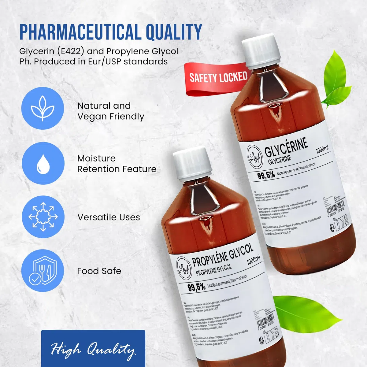 Leyf 1000 ml Glycerin E422 + 1000 ml Propylenglykol E1520, Perfekt für DIY, Pharmaqualität Reinheit, Lebensmittelqualität, Raw Material VG + PG, Rein, Vegan, Ph. Eur/USP