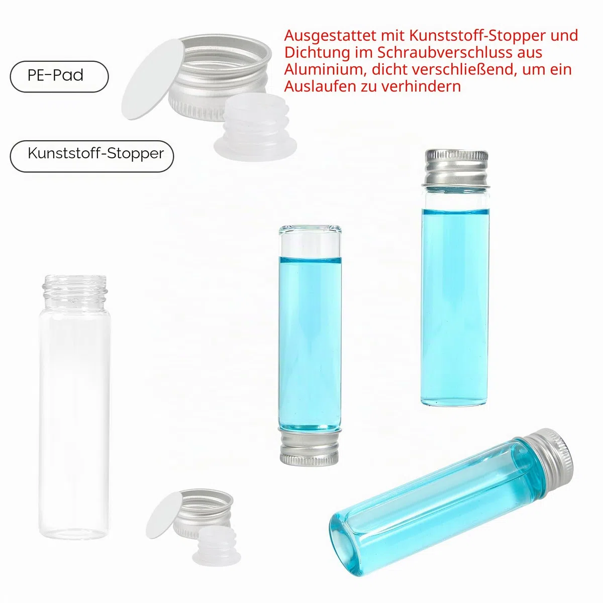 20ml Glasfläschchen mit Schraubverschluss und Kunststoffstopfen, Transparent Kleine Glasflaschen Auslaufsichere Glas Fläschchen für Flüssigkeit Pulver Proben und kleinen Gegenständen, 50 Stück