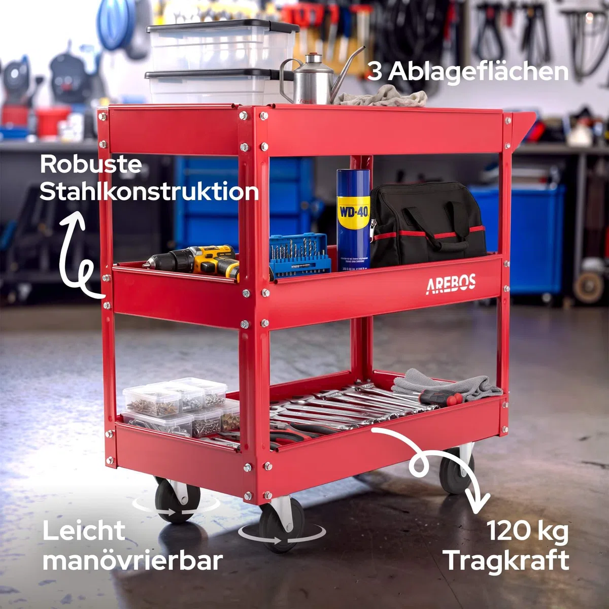 Arebos Werkstatt-Rollwagen | Montagewagen mit 3 Ablagefächern | bis 120 kg belastbar | robuster Werkzeugwagen aus Stahl | Mobile Transporthilfe mit 2 Lenkrollen | für Werkstatt, Garage & Hobbyraum