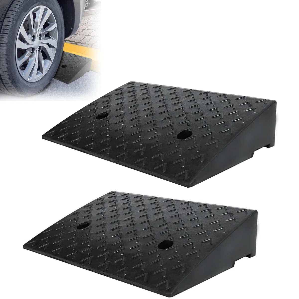 2er Set Gummi Bordsteinrampe, 10,5cm Höhe, Schwerlast Rampen für Bordsteinkante, Tragbare Dämpfungsrampe für Auto, Motorrad, Rollstuhl & Rollator, Schwarz
