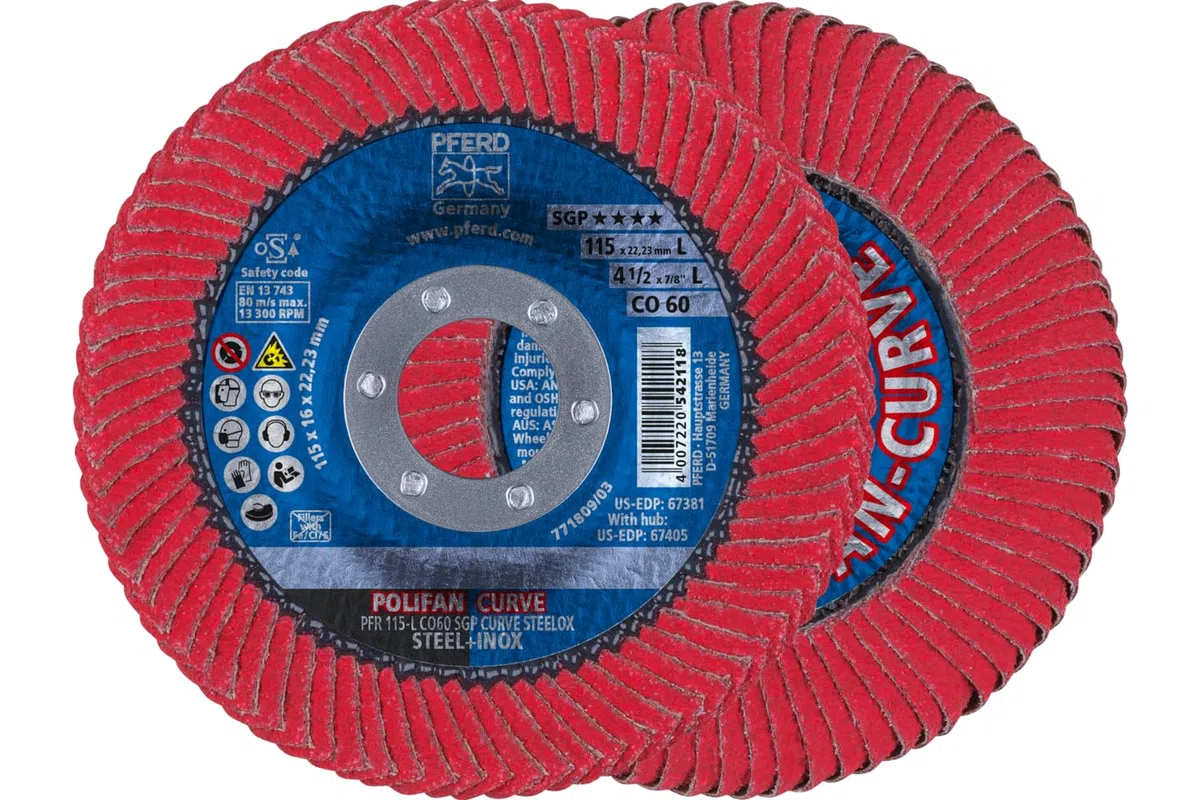 PFERD 67344 Polifan PFR Curve Radial-Typ Fächerscheibe, Keramikoxid, 12,7 cm Durchmesser, 2,2 cm Dornloch, 12200 U/min, Körnung 60