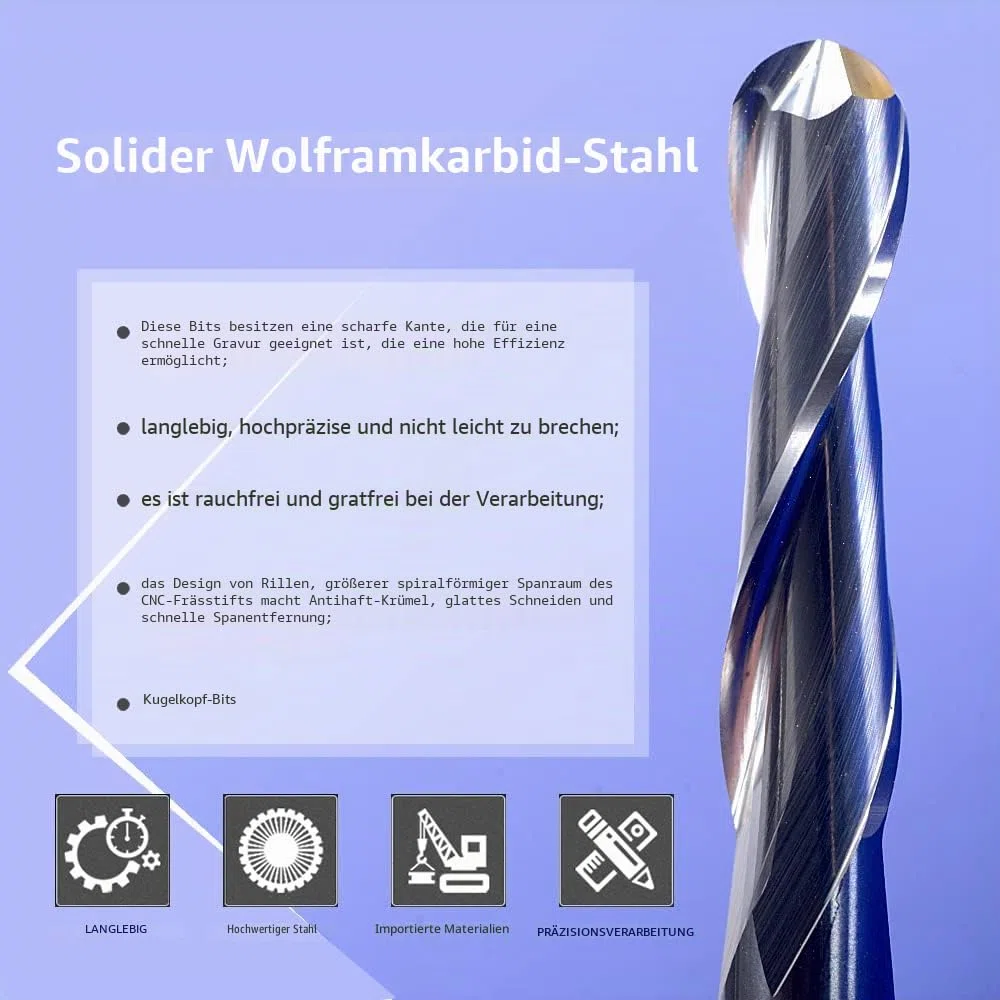 EU_HOZLY Fräser für Holzarbeiten, Durchmesser 1 mm, 1,5 mm, 2,0 mm, 2,5 mm, 3,175 mm, Hartmetall-Kugelkopffräser, CNC-Gravierfräser