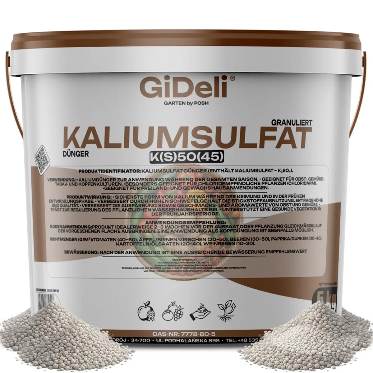 GiDeli Kaliumsulfat Granulat 5kg im Eimer - Kaliumdünger mit 50% K2O & 45% SO3 wasserlöslich - Chlorfrei für empfindliche Pflanzen - Einfache Dosierung - Ideal für Tomaten, Beeren und Weinreben