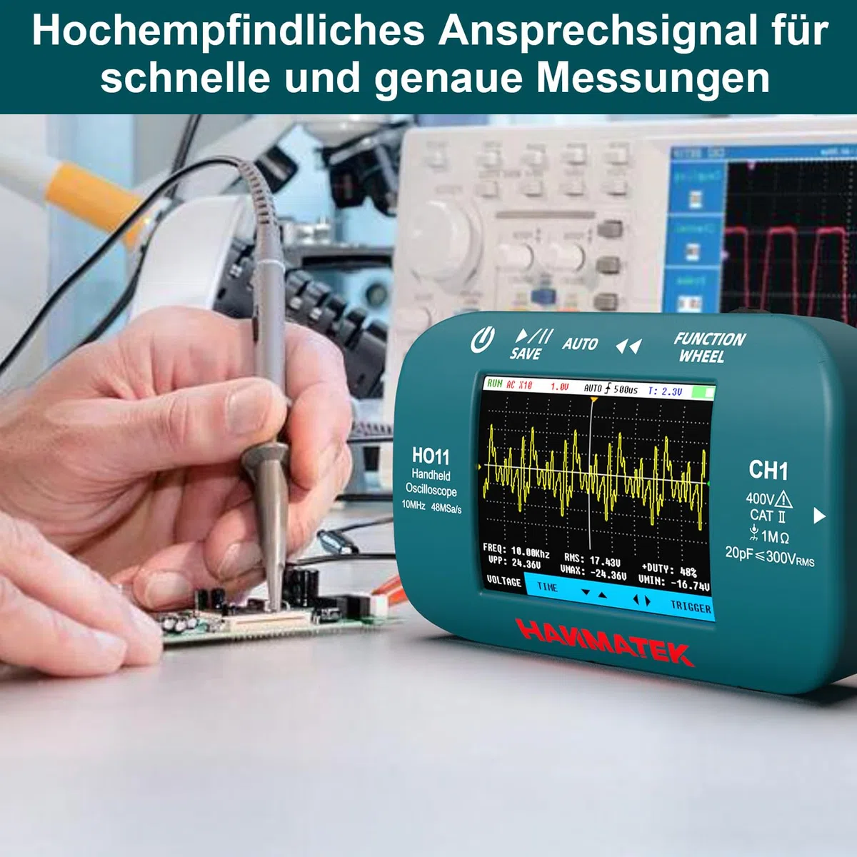 HANMATEK HO11 Handheld Digital Oszilloskop - 10MHz Bandbreite, 48MSa/s Hochpräzisionsabtastung, 2.8“ TFT Display, USB aufladbar, fortschrittliches Triggersystem, tragbar für Feldarbeit