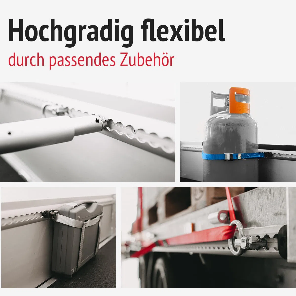 Airlineschienen mit Endkappen und Fittingen, 1.0 m, schwarz KTL-beschichtet, gebohrt, eckig, 34 x 9,6 mm | Zurrschiene | für Transporter, Wohnwagen, Sprinter (Starterset 2.4)