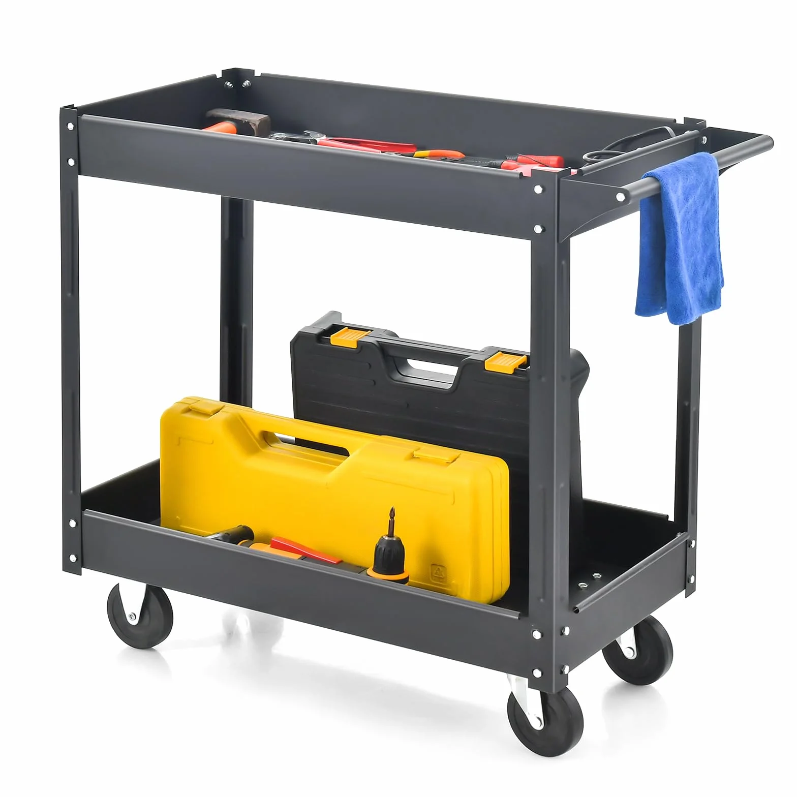COSTWAY Werkstatt-Rollwagen mit 2 Etagen, Werkzeugwagen mit Handgriff, Werkstattwagen aus Metall, bis zu 100 kg belastbar, Montagewagen Etagenwagen für Zuhause, Garage, 85 x 41 x 79 cm (Schwarz)