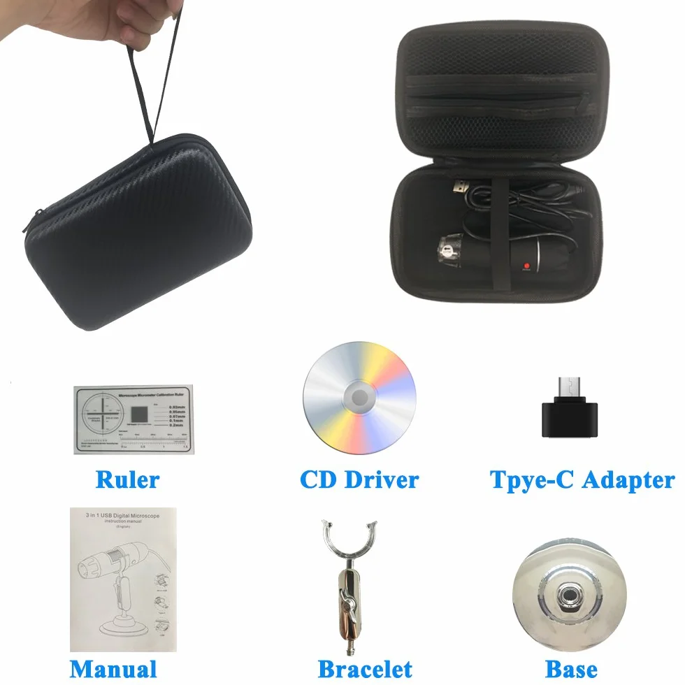 Jiusion Original 40-1000X USB Mikroskop mit tragbaren Tragetasche, Digitale Vergrößerung Endoskop Mini Kamera 8 LEDs Metall Basis für Micro USB Typ C Android, Windows Mac Linux Chrome