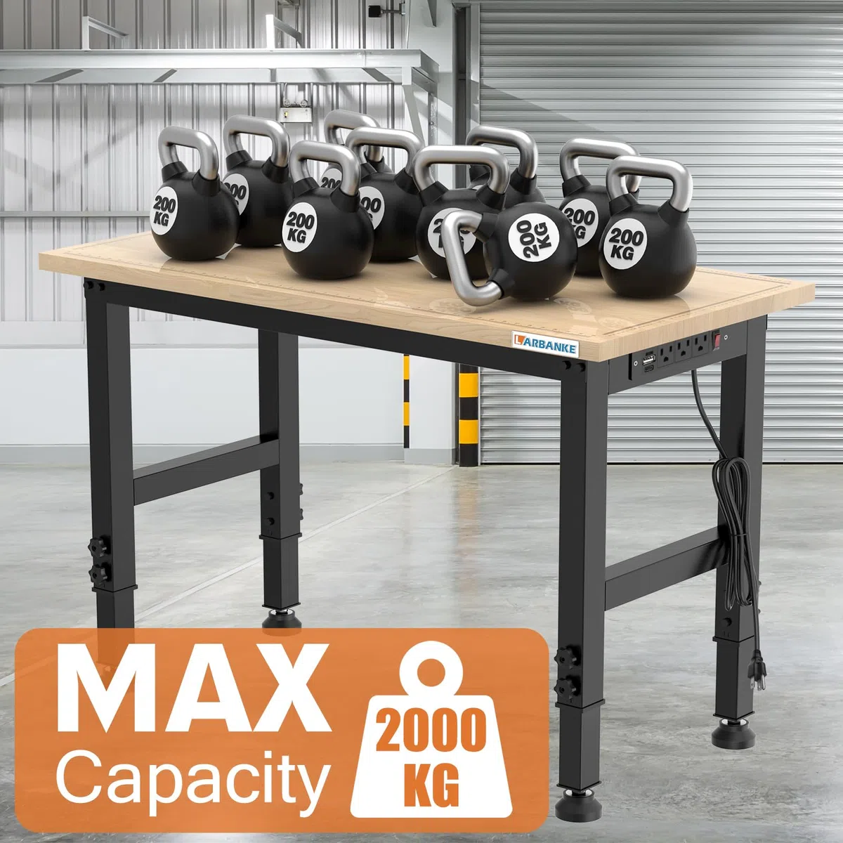 120 cm verstellbare Werkbank, Tragkraft 900 kg, robustes Gummibaumholz, 5 verstellbare Höhen, Waage, Powerpanel, für Werkstätten, Büros und Zuhause