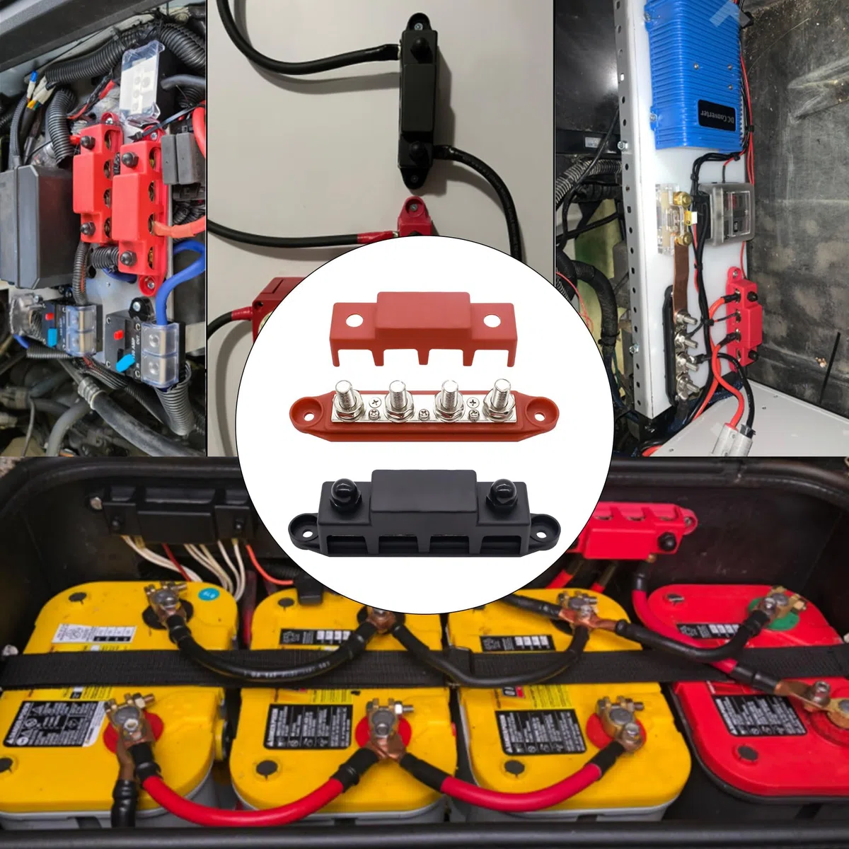 Sammelschienen Verteilerblock 250A BusBar Box mit 4 x M10 Klemmenbolzen Hochleistungsmodul 12V-48V Stromverteilungsblock Erdungsstrom DC 3/8" für Auto RV Boat Yacht (Rot Schwarz, 2PCS)