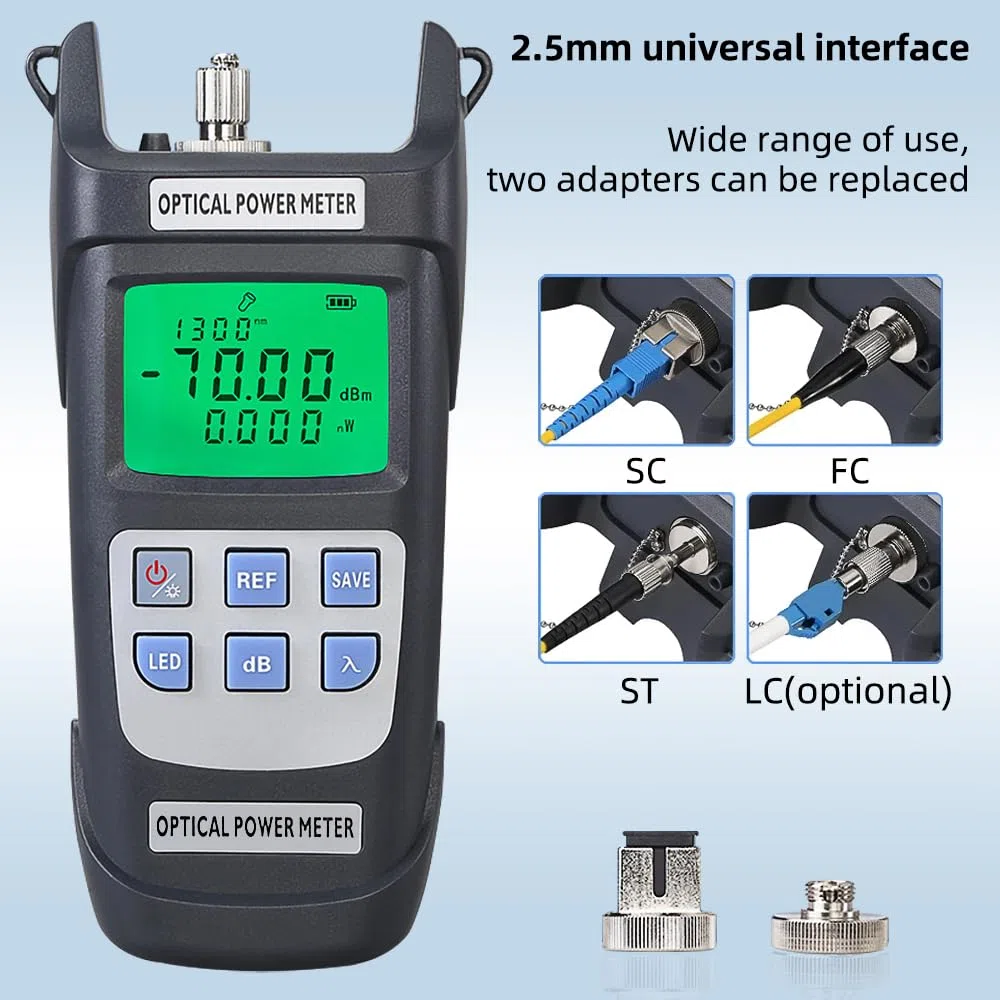 Glasfaser-Leistungsmesser, hochpräziser Glasfaserkabeltester -70 dBm ~ + 10 dBm mit LED-Licht, optischer Leistungsmesser OPM mit 10 Wellenlängenspeicher (Grau)