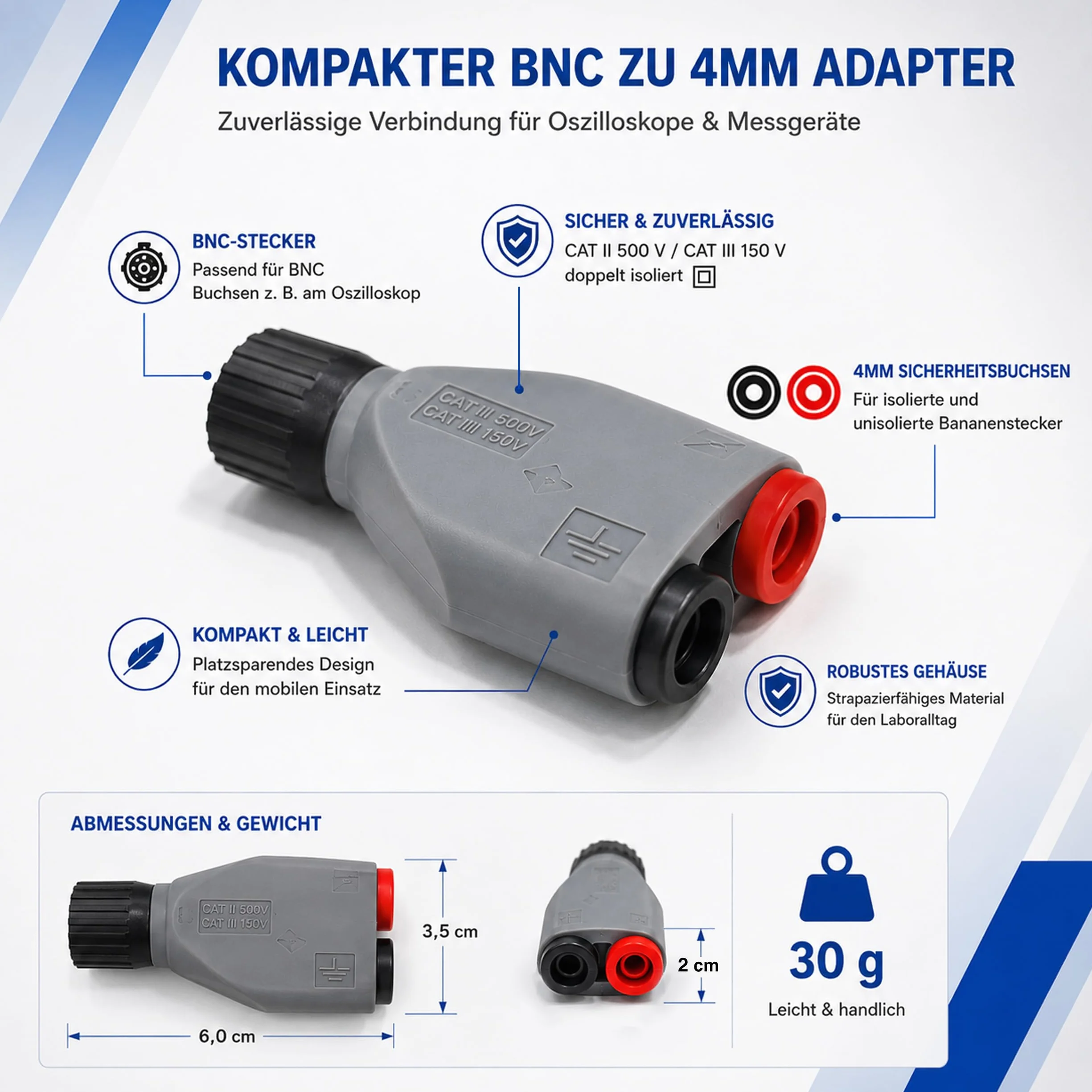 PeakTech 7055 - BNC zu 4mm Adapter Stecker für Oszilloskope, berührungssicher
