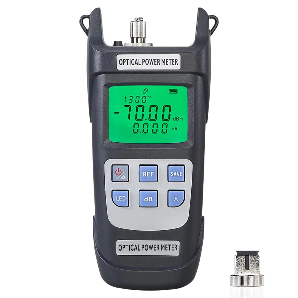 Glasfaser-Leistungsmesser, hochpräziser Glasfaserkabeltester -70 dBm ~ + 10 dBm mit LED-Licht, optischer Leistungsmesser OPM mit 10 Wellenlängenspeicher (Grau)