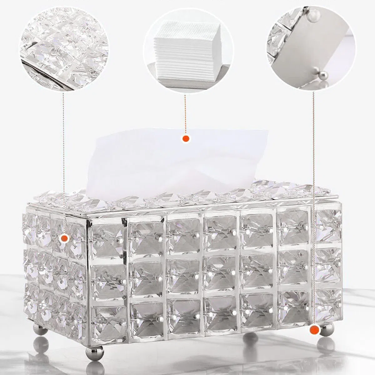 Kristall-Taschentuchbox-Halter, silberfarben, luxuriöser Taschentuchspender aus Metall mit Kristallakzenten, moderner Organizer für Wohnzimmer und Badezimmer