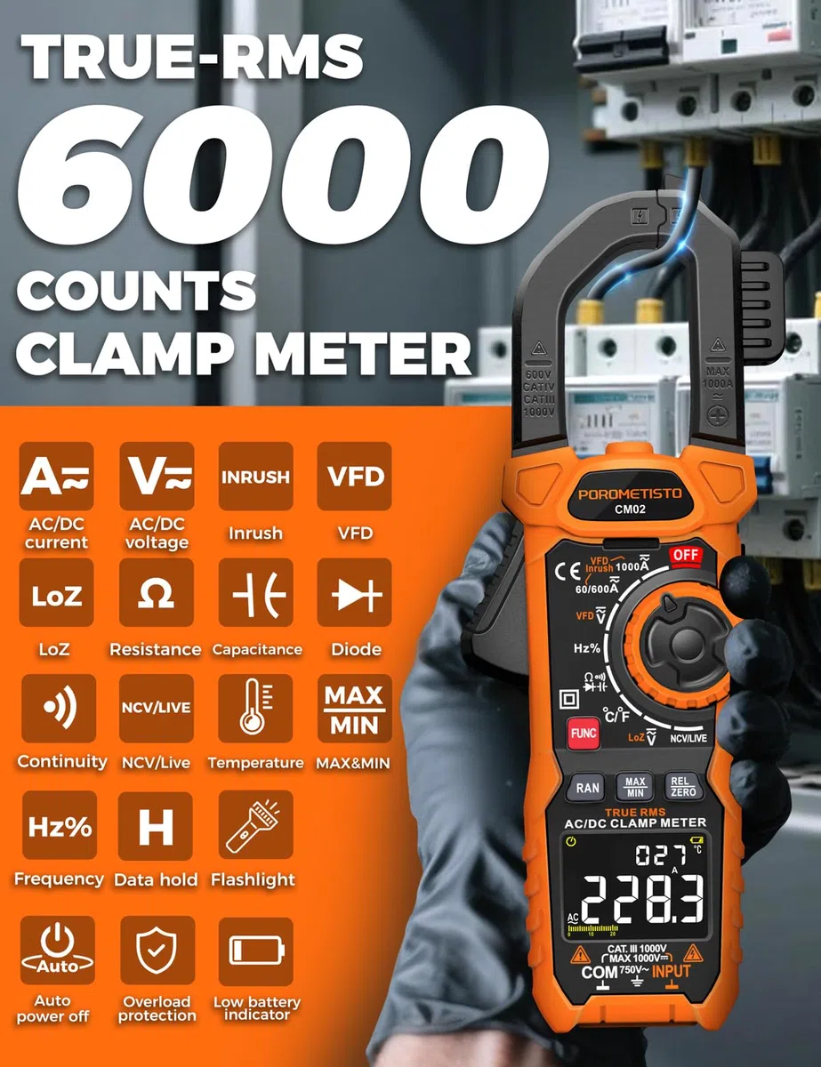 AC/DC 1000A Stromzange, Counts 6000 TRMS Strommesszange CM02,Zangenamperemeter mit VFD/LOZ-Modus,Multimeter zum Messen von AC/DC,Strom,Spannung, NCV,Frequenz,Temperatur und Kapazität