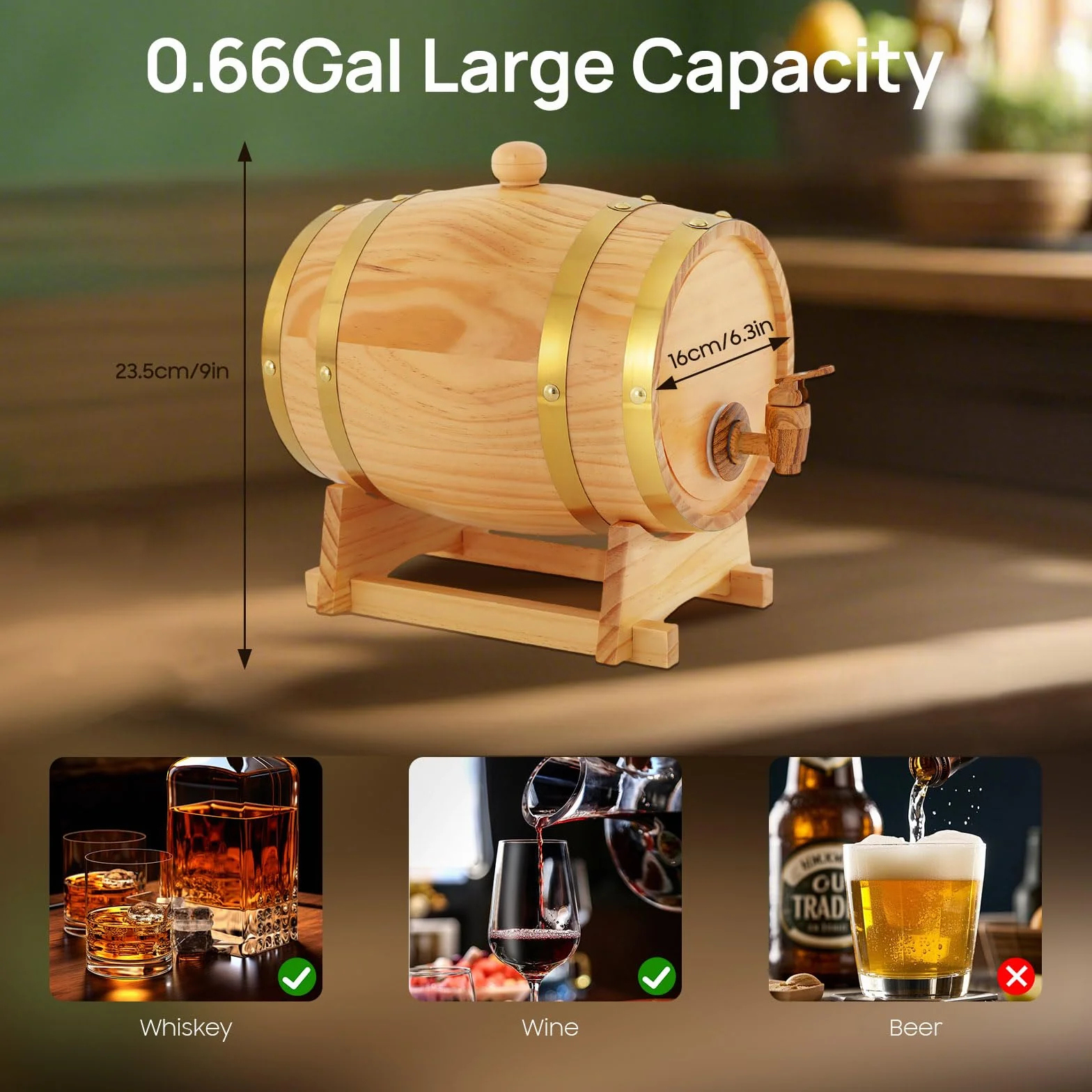 3L Weinfass Holzfass, Original Holz Weinfass für Wein und Whiskey mit Ständer und Zapfhahn Ellipse Weinfass Aufbewahrung für Wohnungen, Bar, Hotels 16 x 23.5cm