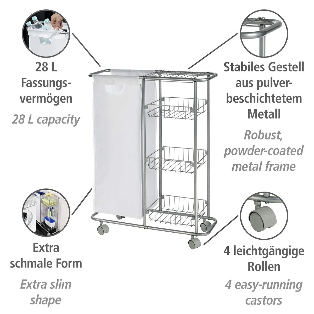 WENKO Sammelwagen Slim, 3 Etagen, extra schmaler Rollwagen mit vier leichtgängigen Rollen, inkl. abtrennbarem Sack für PET-Flaschen oder Wäsche, 28 L, pulverbeschichtetes Metall, 58 x 80 x 20 cm