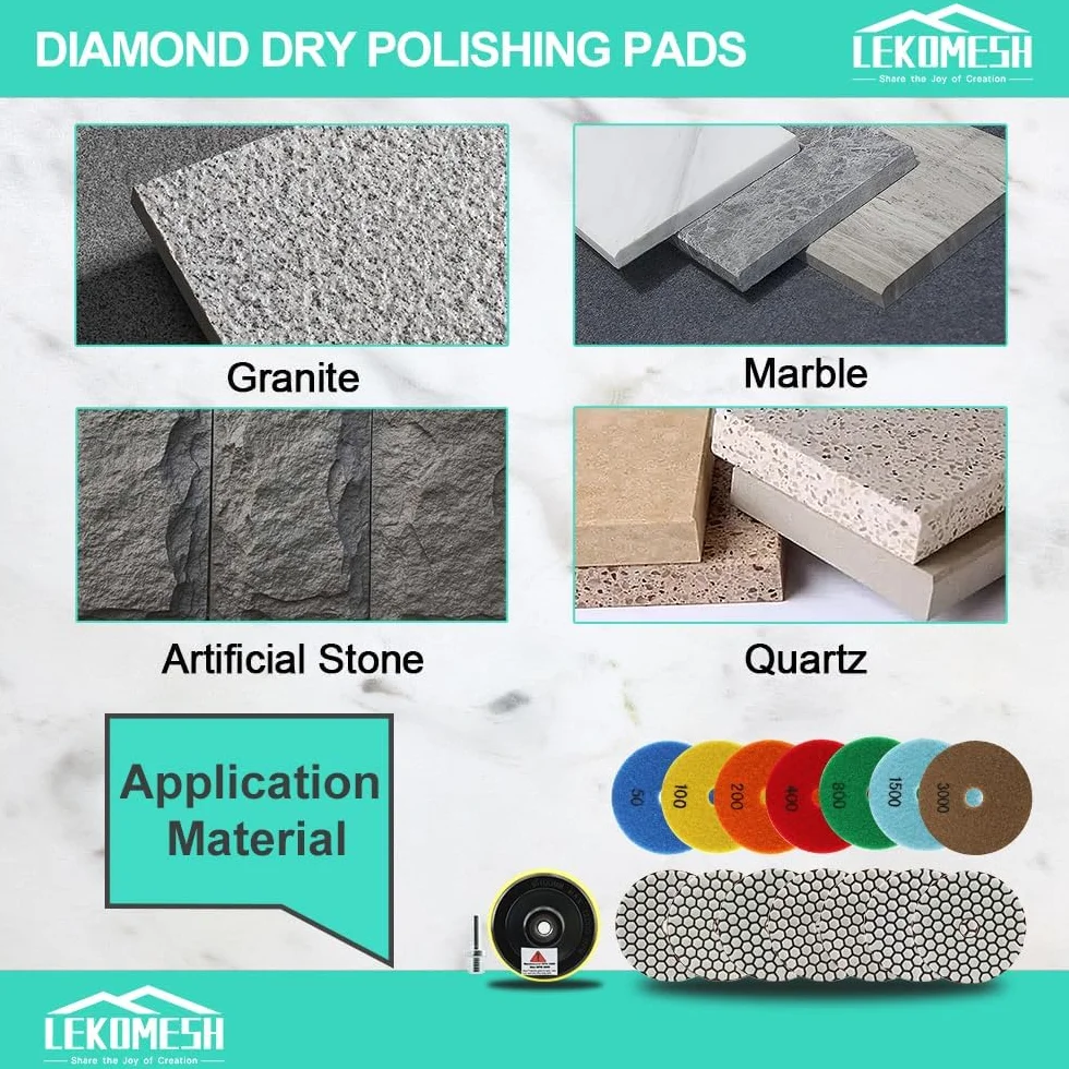 Diamant Polierscheibe LEKOMESH - 8pcs 100MM (#50 * 3/100 * 2/200/400/800) mit Haken & Loop Backing Halter Disc,Trockenpolierpad-Set für Granit, Marmor, Kunststein, Quarz