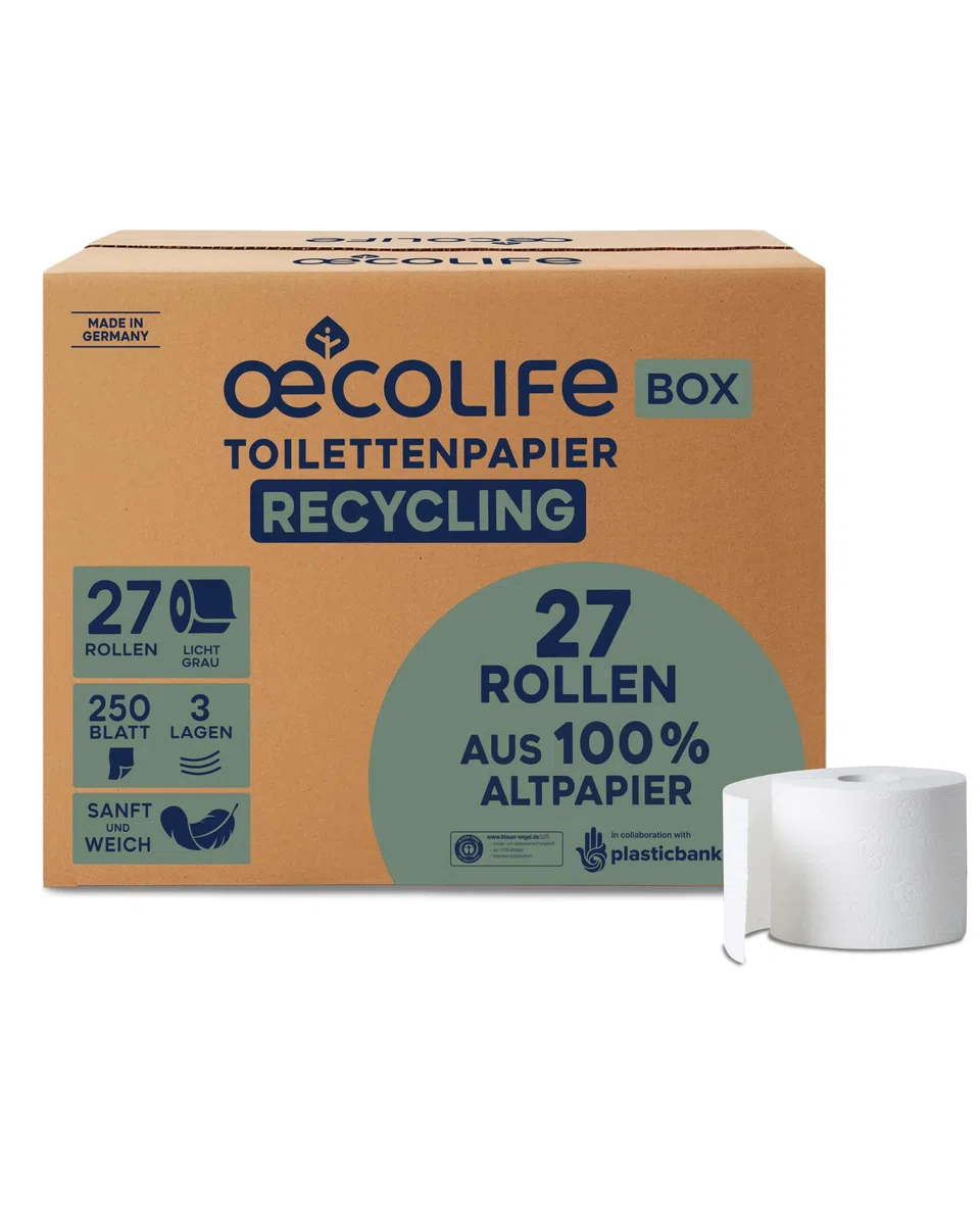 œcolife Toilettenpapier Box Recycling, 3-lagig, 27 Rollen, 250 Blatt pro Rolle, Recyclingpapier, plastikfrei verpackt, hellgraues Papier, angenehm weich und sanft | angenehm weich