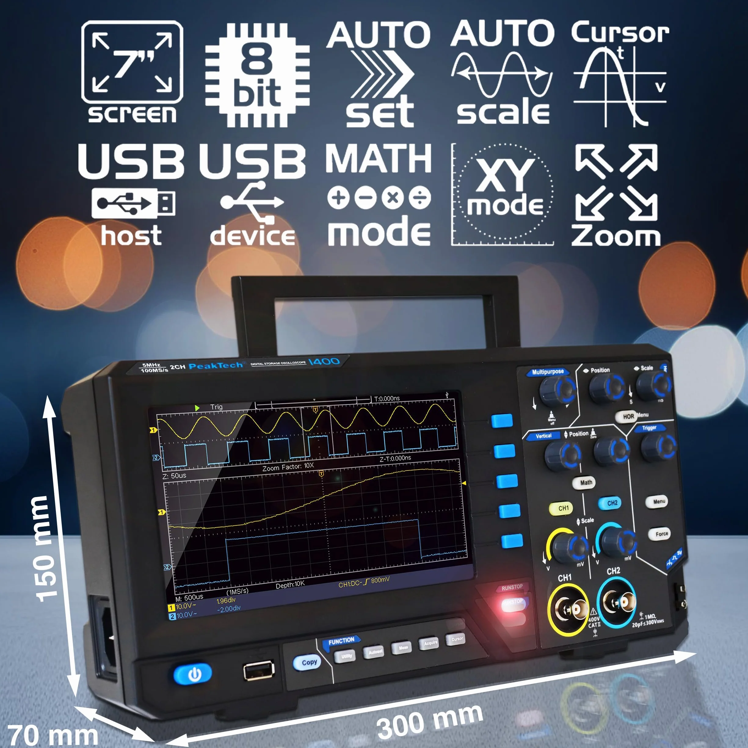 PeakTech P 1404 - Digital Oszilloskop 2 Kanal [3 Jahre Garantie] 100 MHz, 1GS/s, USB Schnittstelle, PC Software, P 1404 Oscilloscope, Schwarz, USB Oszilloskop, Oszilloskop Multimeter