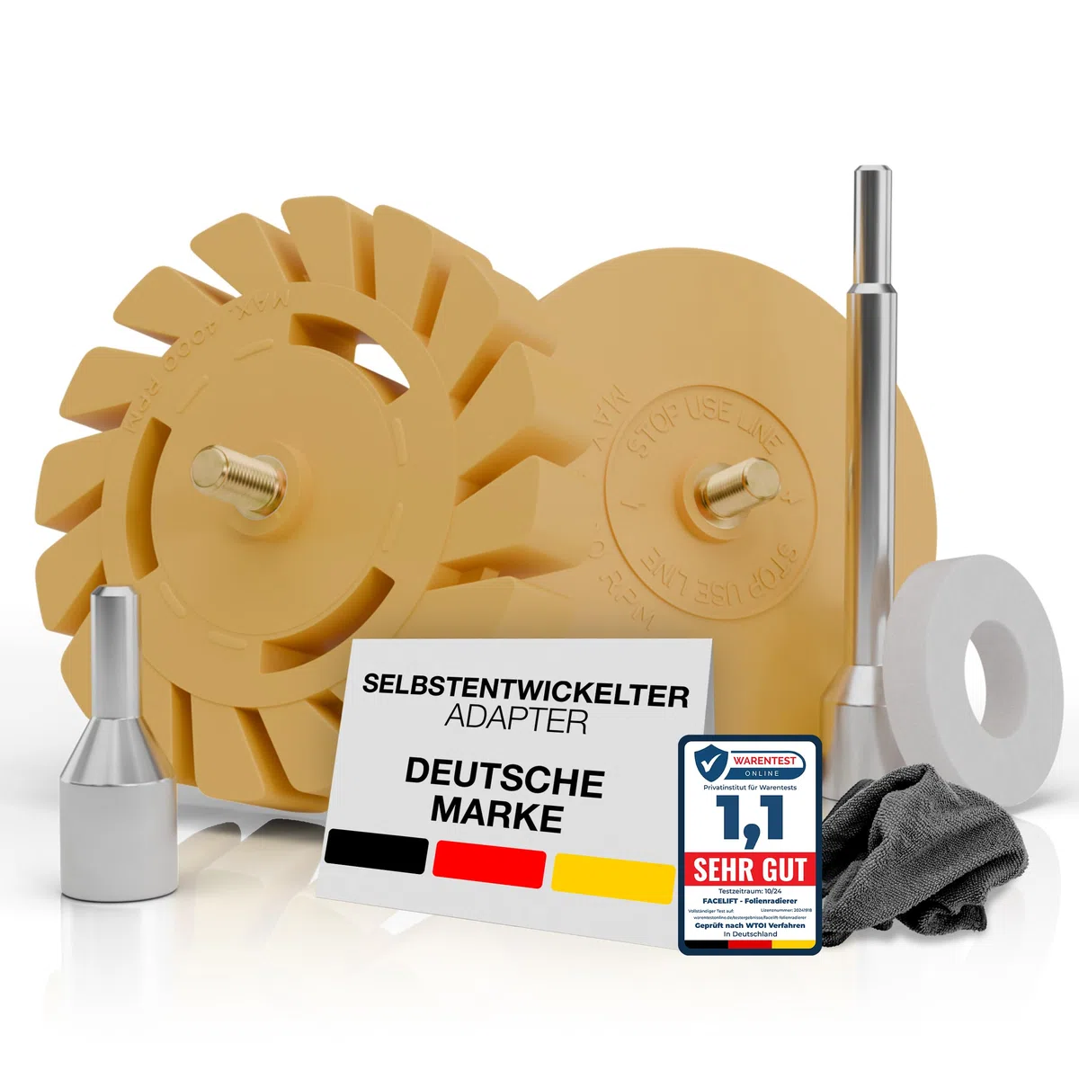 FACELIFT Folienradierer Set - ⌀ 90 mm Aufkleber Entferner + ⌀ 100 mm Lamellenradierer – Extra ProReach Adapter + Schutzring + Mikrofasertuch - Ideal um Klebereste zu entfernen