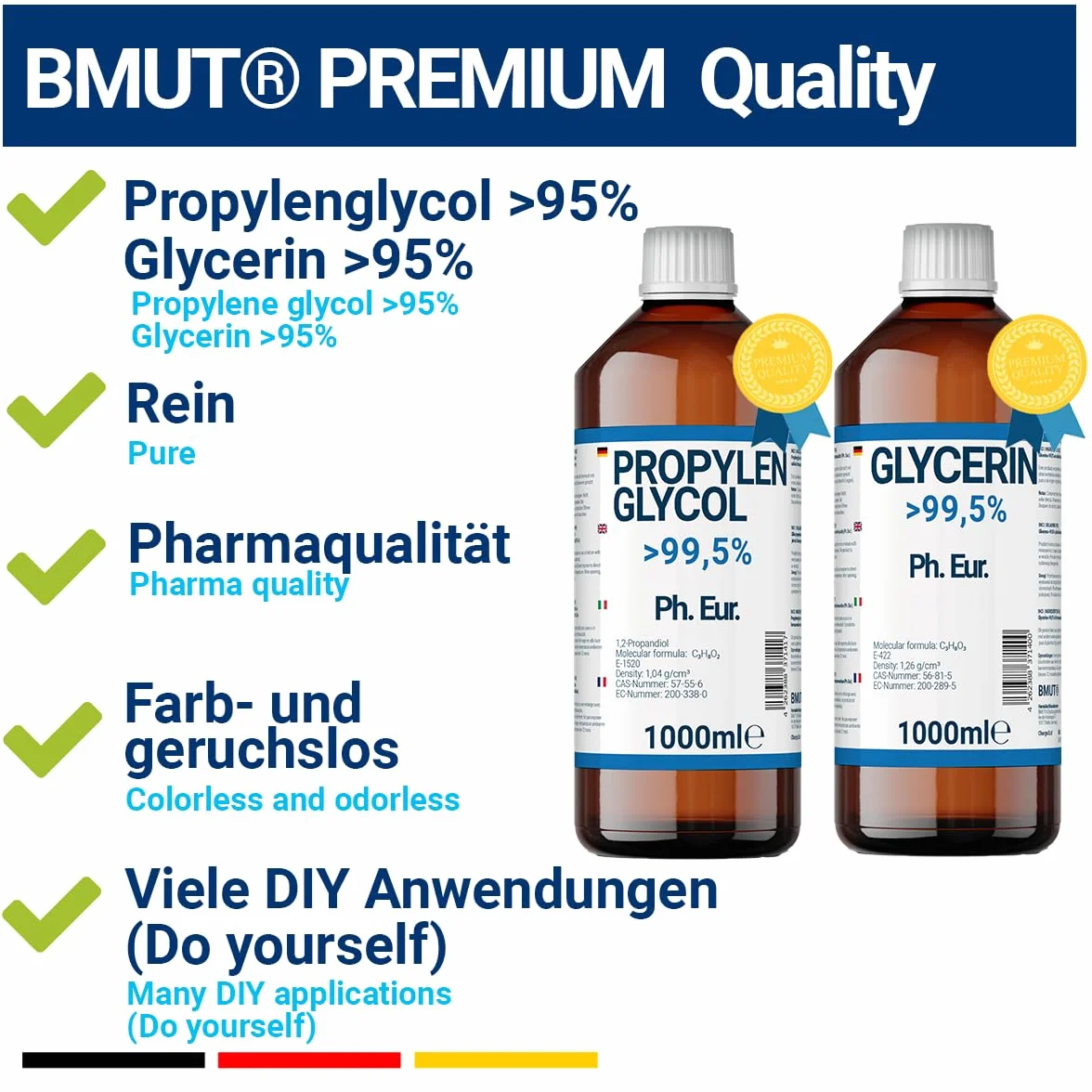 1000ml Glycerin + 1000ml Propylenglycol in Pharmaqualität | >99,5% | Rein | E422 + E1520 DIY