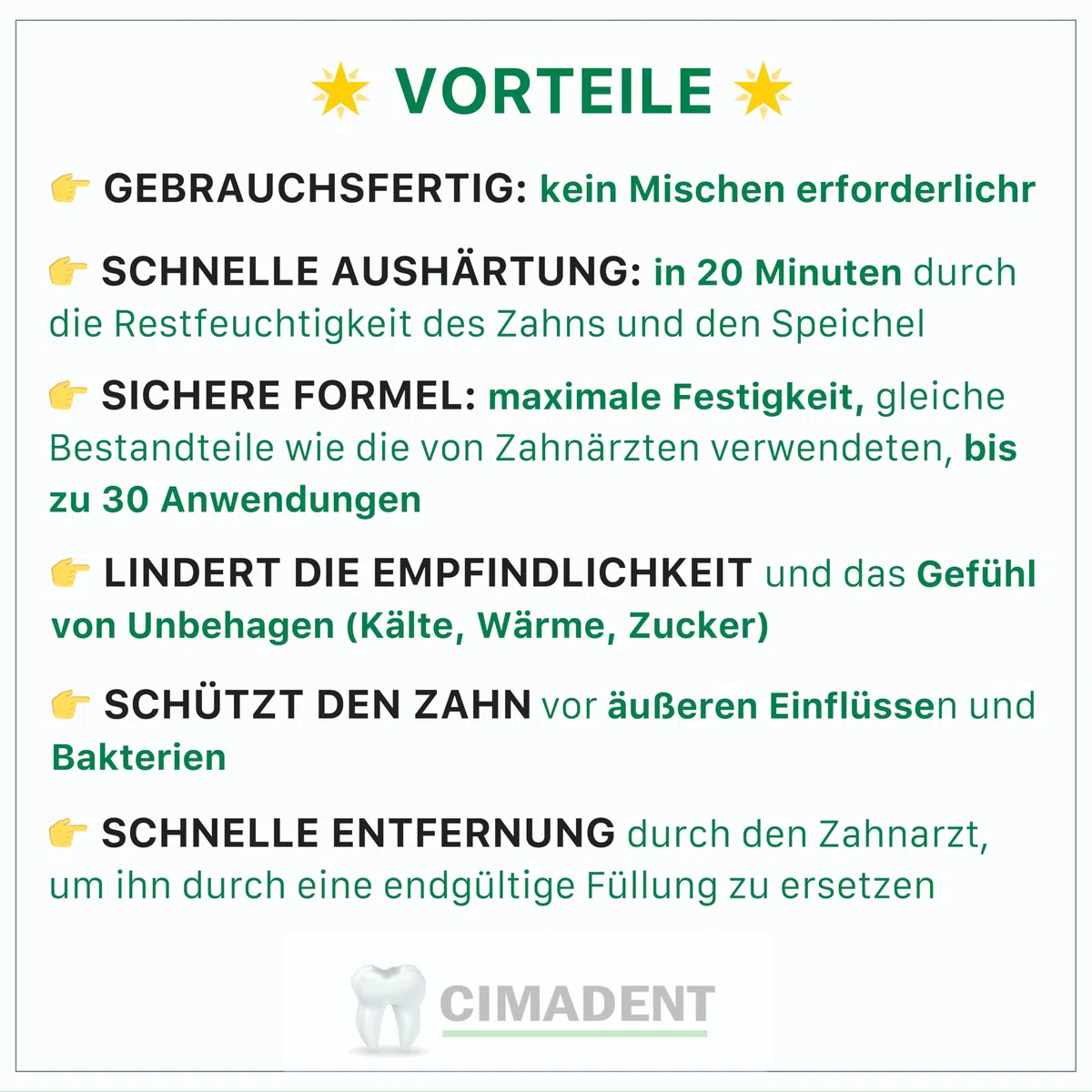 Zahnpflege Cimadent für Verstopfung von Karies oder verlorener Füllung. Ausgezeichneter temporärer Verband, während Sie auf den Zahnarzt warten. 30 Anwendungen