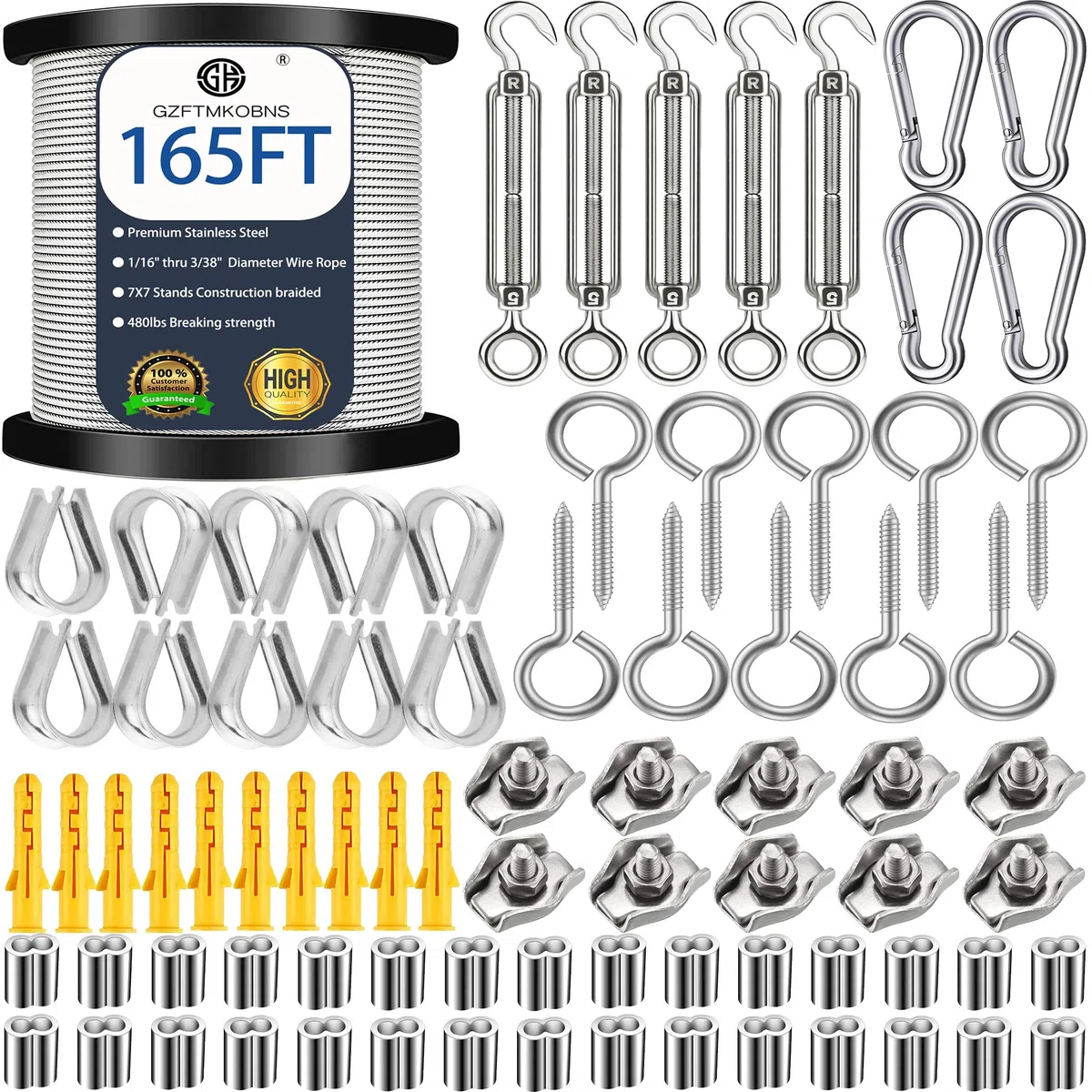 50M Stahlseil 2mm ,304 Edelstahlseil 2mm ,Drahtseil 2mm,M2 Drahtseilklemme mit M5 Drahtseil Spanner für rankhilfe edelstahl seilsystem,spannseil edelstahl für außen