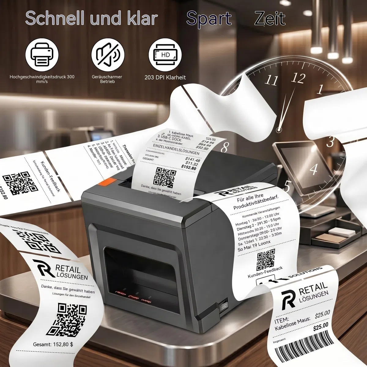 Thermodrucker 80mm Mobiler Einsatz, USB & Bluetooth, 300mm/s, Nur für Windows/Mac, Inkl. 5 Rollen + 58mm Adapter