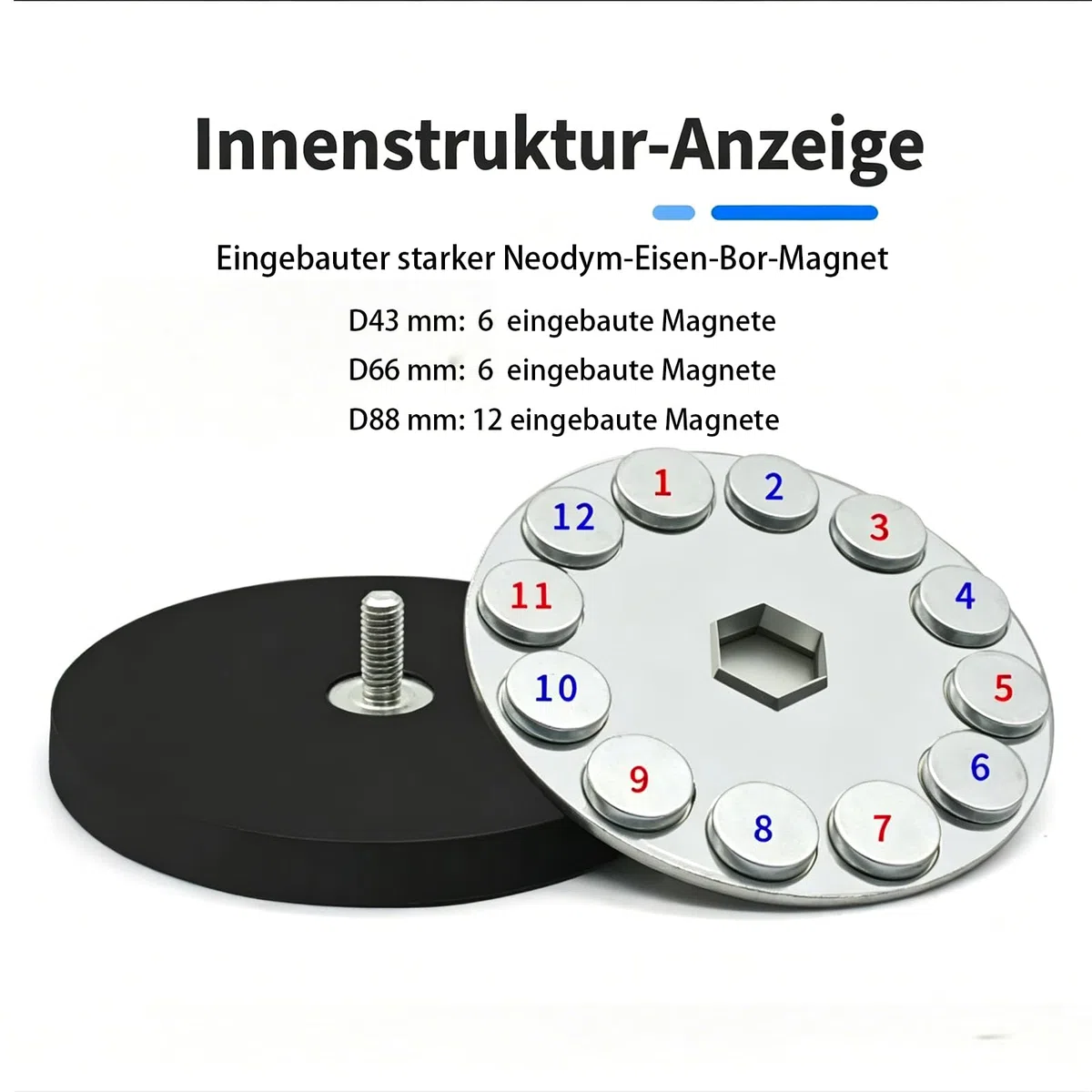 6 Stück Magnet mit Gewinde Neodym Magnete Gummiert 43mm Extra Stark mit M6 Außengewinde 15kg Haftkraft Starke Magneten Anti-Rutsch Magnetischer Montagesockel