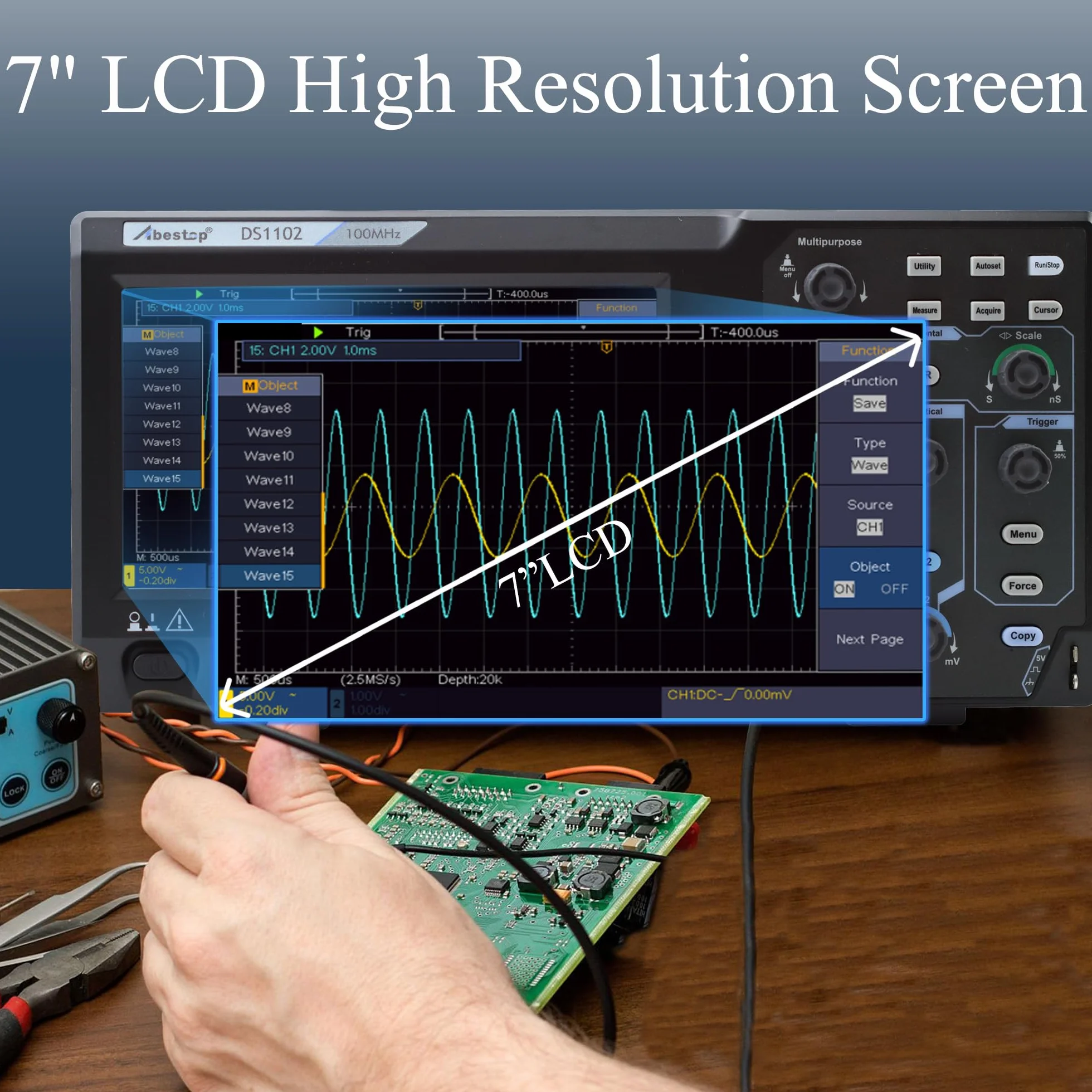 100MHz Oszilloskop Desktop SpeicherOszillograph Zweikanalig mit 7" TFT-LCD-Anzeige Tragbares Leichtes Digitales Oszilloskop (DS1102)
