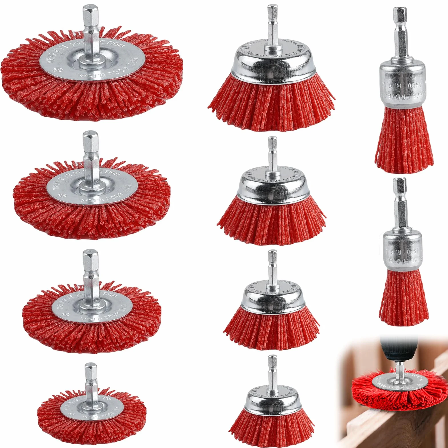 10-teiliges Nylonbürsten Bohrmaschinen Set, Nylondraht mit 1/4 Zoll Sechskantschaft Schleifaufsatz für Bohrmaschine, 6 Größen Nylon-Bohrbürstenset zum Entfernen von Rost und Schleifdraht