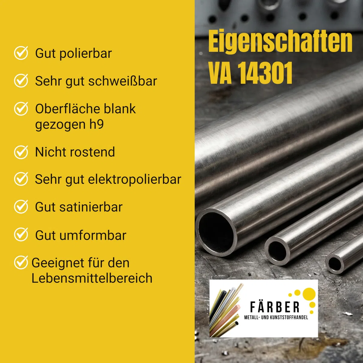 Färber 1.4301 VA Edelstahlrohr nahtlos 20x3mm L=500mm Rundrohr