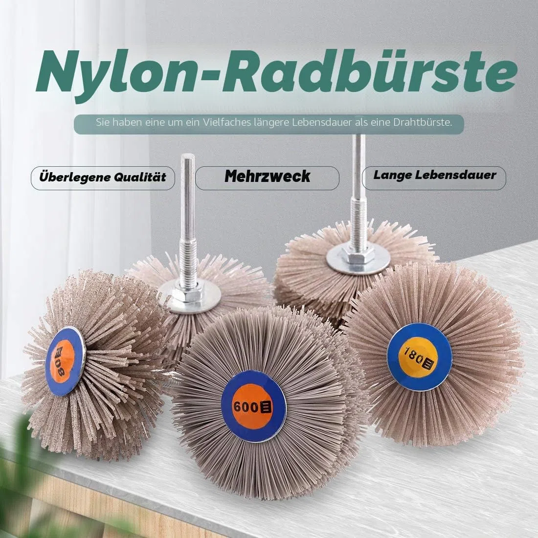 Swpeet 5 Stück 5 Größen 80# 180# 240# 320# 600# Nylon Radbürste Schleifkopf mit 6 mm Gewindeschaft Sortiment Kit Schleifmopp Schleifscheibe zum Polieren, Entfernen von Rost und Lackieren
