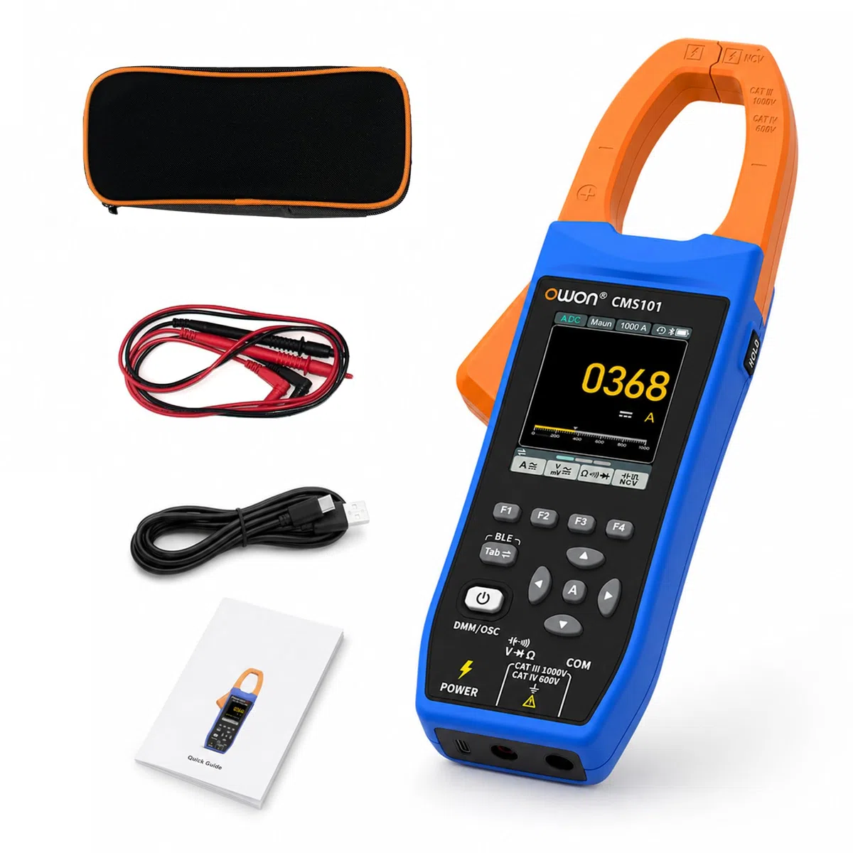 CMS101 3-in-1 AC/DC Stromzange mit Oszilloskop, True RMS, 1000A/1000V, 5MSa/s Wellenformanzeige, Bluetooth-Logging, Einschaltstrom, 20.000 Zählwerte, wiederaufladbar für Elektro-, HLK- und Kfz-Diagnos