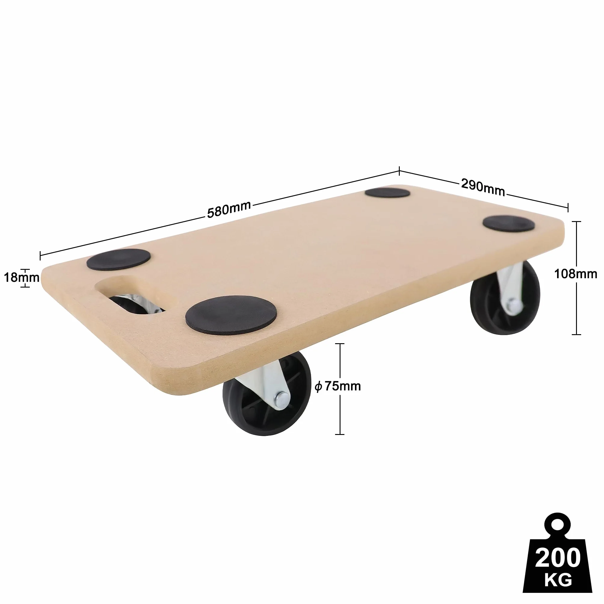 Transportroller 2X Rollbrett aus MDF, Möbelroller Transporthilfe bis zu 200 kg Traglast – 580x290x108 mm
