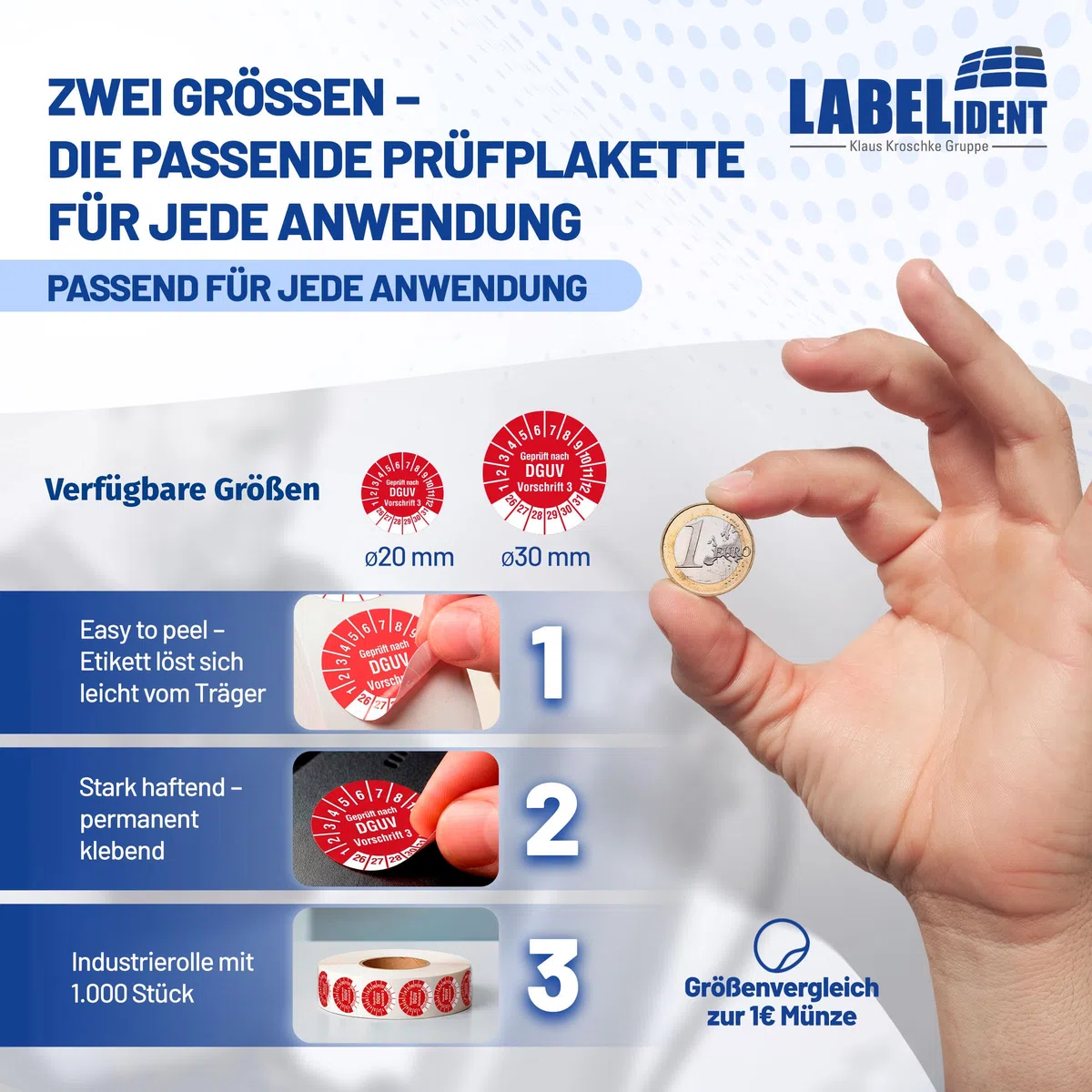 Labelident Prüfplaketten Geprüft nach DGUV Vorschrift 3 - Ø 20 mm - 1.000 auf Rolle, 2026-2031, selbstklebend